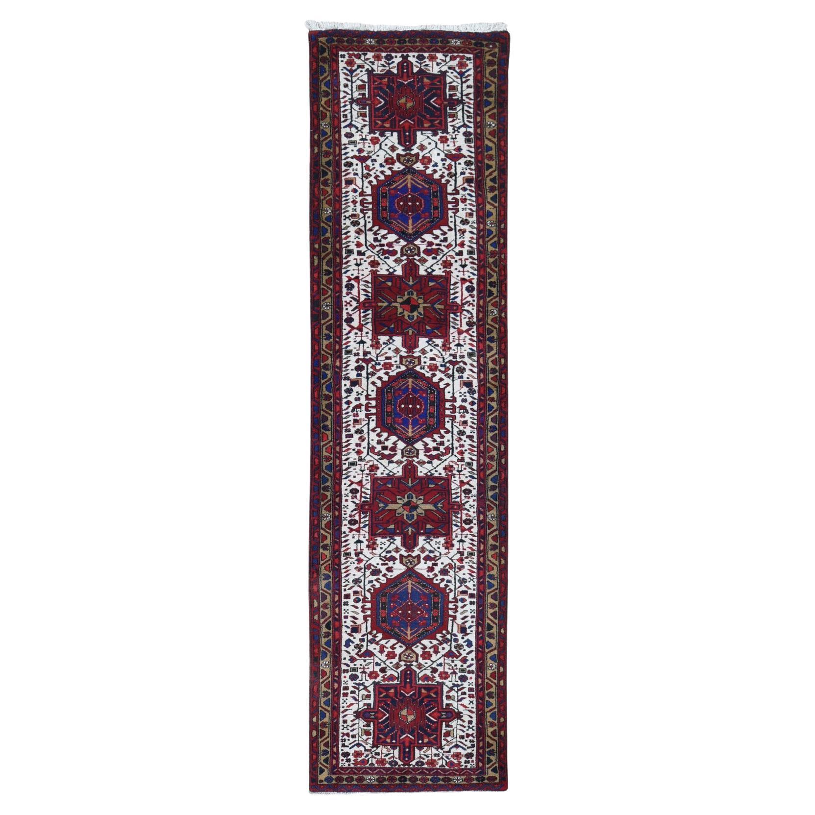 Ivory Tribal Weaving Vintage Persian Karajeh Wool Hand Knotted Runner Rug For Sale