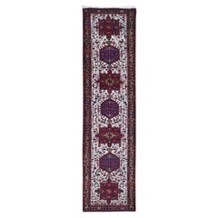 Ivory Tribal Weaving Vintage Persian Karajeh Wool Hand Knotted Runner Rug