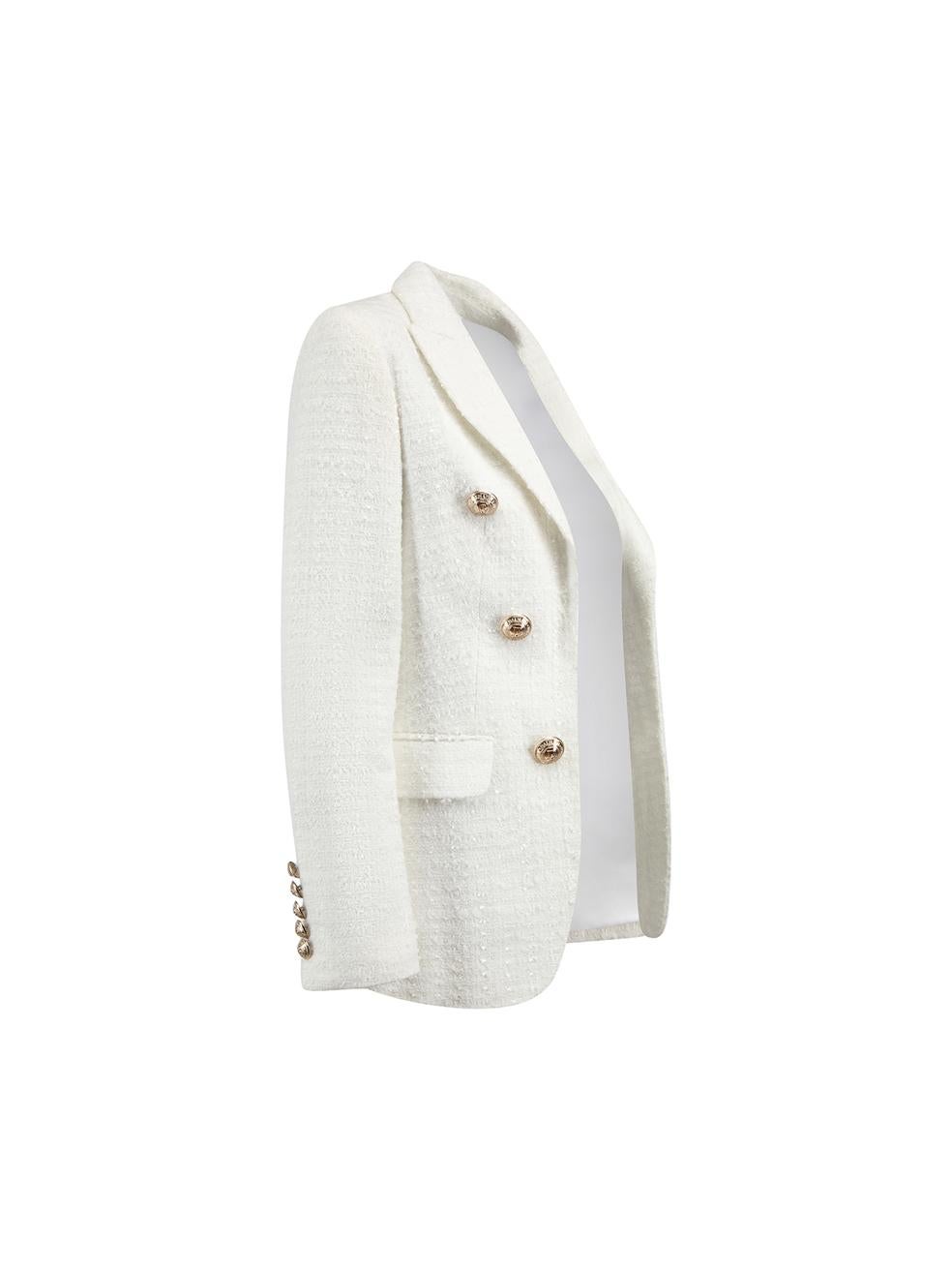 CONDITION is Never worn. No visible wear to jacket is evident on this used Balmain designer resale item. Original coat bag is included.



Details


Ivory

Tweed

Slim fit blazer

Open front

Buttons accent

Buttoned cuffs

Front side pockets with