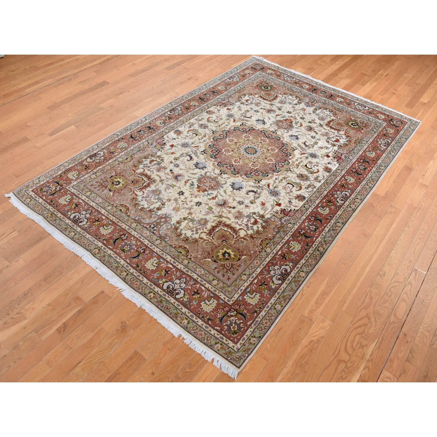 Hand-Knotted Ivory Used Persian Tabriz 400 KPSI Wool-Silk Hand Knotted In Perfect Shape Rug