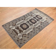 Ivory Vintage Persian Balooch Wool Clean Earth Tones Hand Knotted Rug 3'2"x6'1"