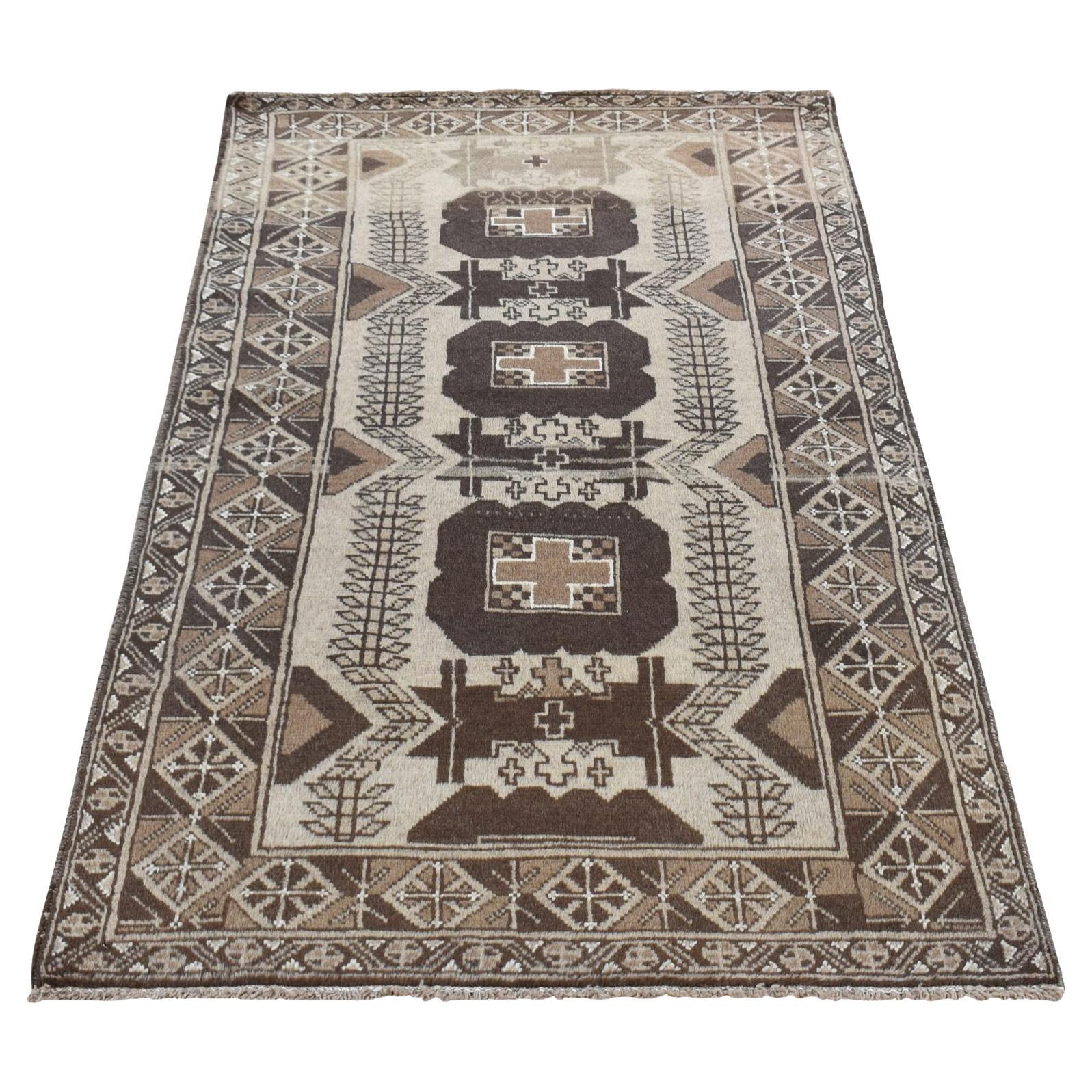 Ivory Vintage Persian Balooch Wool Clean Earth Tones Hand Knotted Rug 3'2"x6'1" For Sale