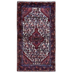 Ivory Vintage Persian Hamadan with Birds Pure Wool Hand Knotted Oriental Rug