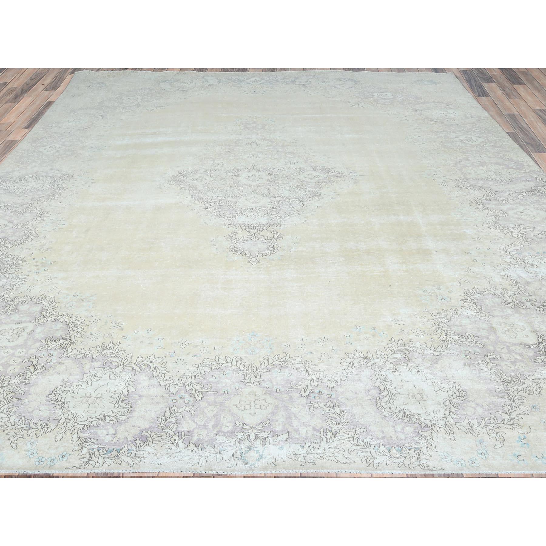 Medieval Ivory Vintage Persian Kerman Abrash Hand Knotted Worn Wool Distressed Look Rug For Sale