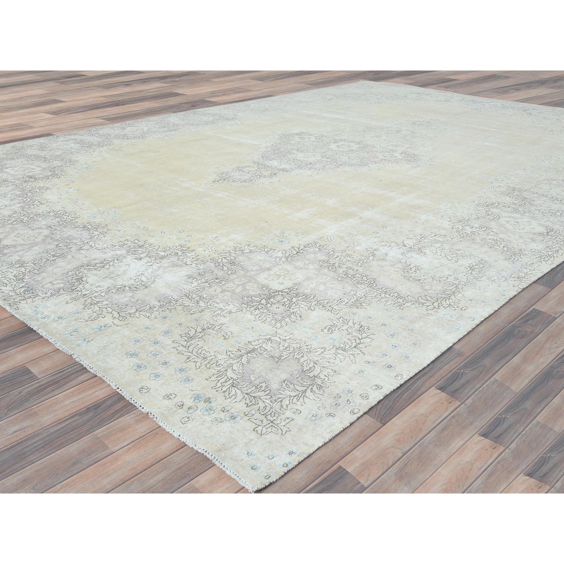 Hand-Knotted Ivory Vintage Persian Kerman Abrash Hand Knotted Worn Wool Distressed Look Rug For Sale
