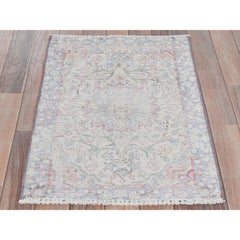 Ivory Vintage Persian Kerman Sheared Low Distressed Worn Wool Hand Knotted Rug
