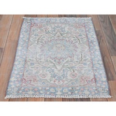 Ivory Vintage Persian Kerman Sheared Low Distressed Worn Wool Hand Knotted Rug