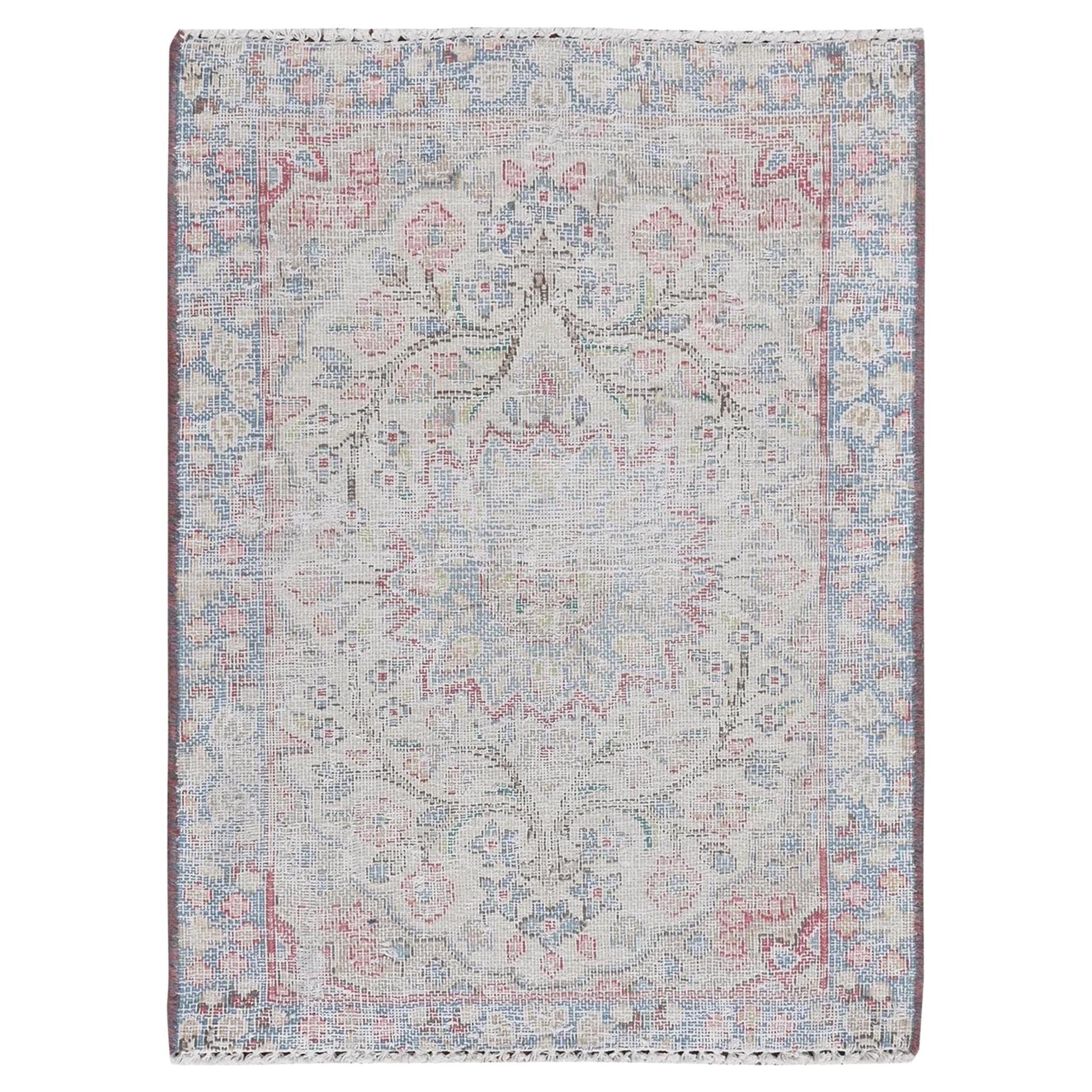 Ivory Vintage Persian Kerman Sheared Low Distressed Worn Wool Hand Knotted Rug For Sale