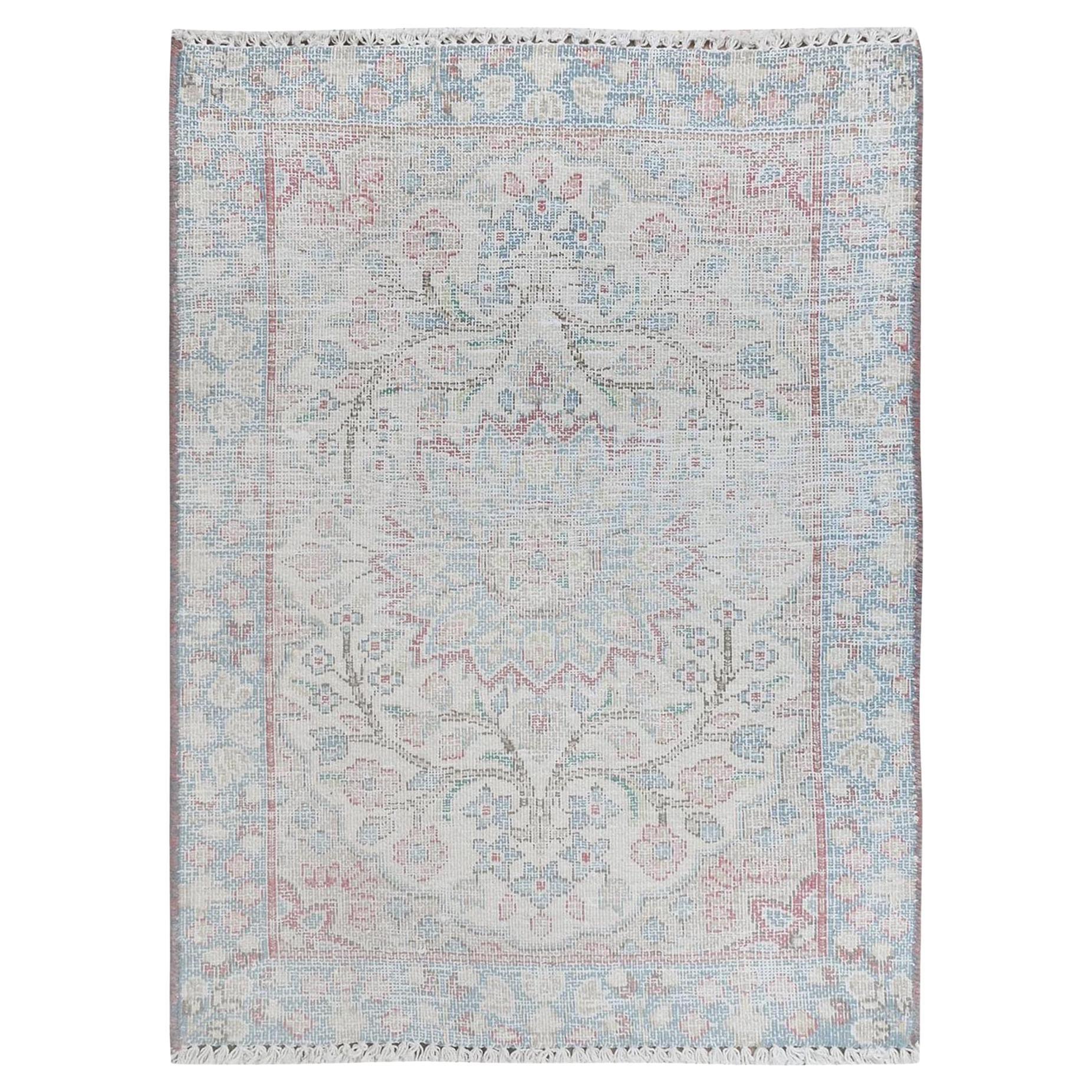 Ivory Vintage Persian Kerman Sheared Low Distressed Worn Wool Hand Knotted Rug For Sale