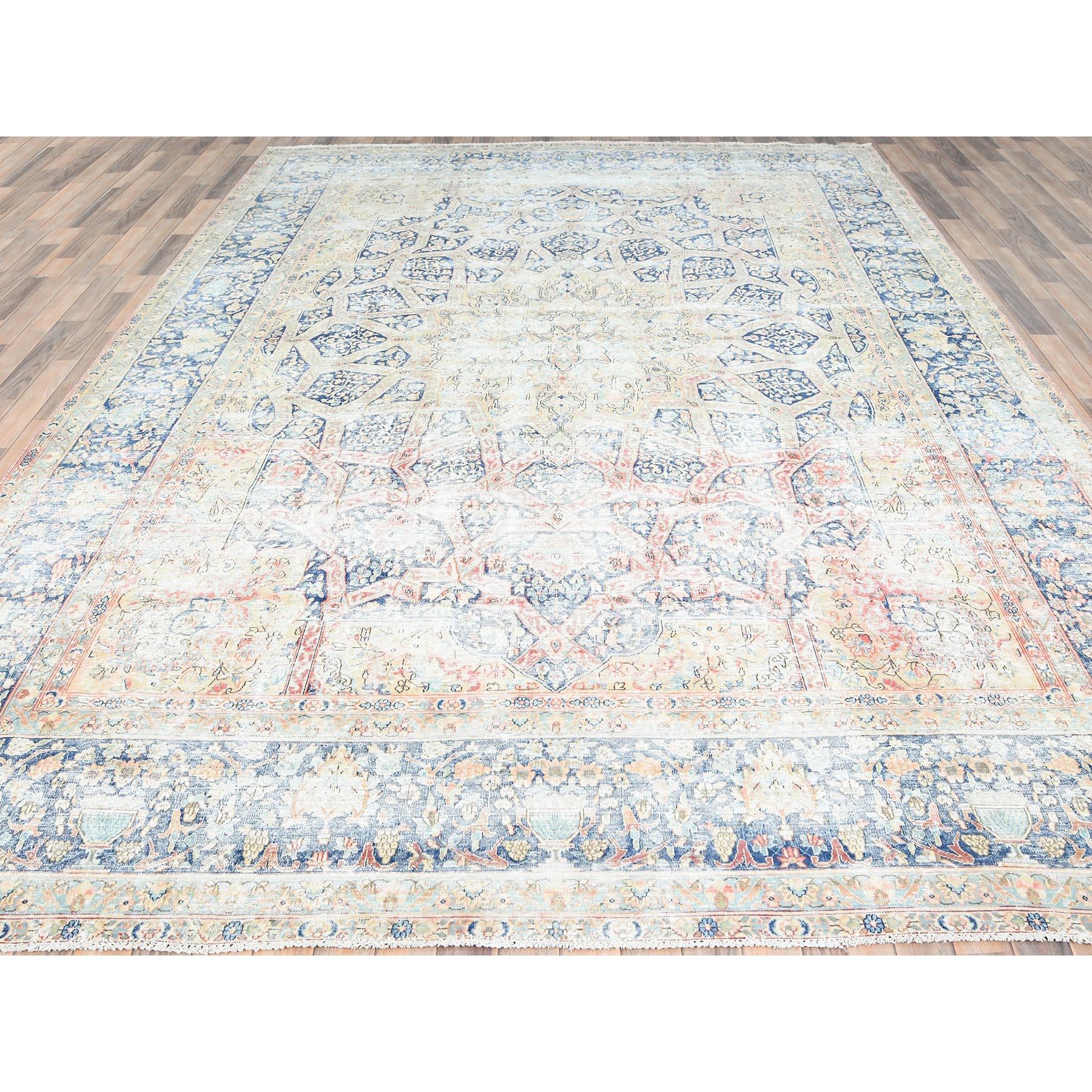 Medieval Ivory Vintage Persian Kerman Washed Out Hand Knotted Soft Wool Evenly Worn Rug For Sale