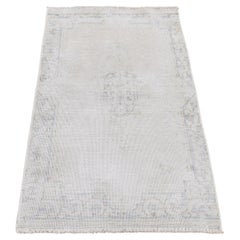 Ivory Vintage Persian Kerman Worn Down Hand Knotted Pure Wool Mat Rug 1'7"x3'7"