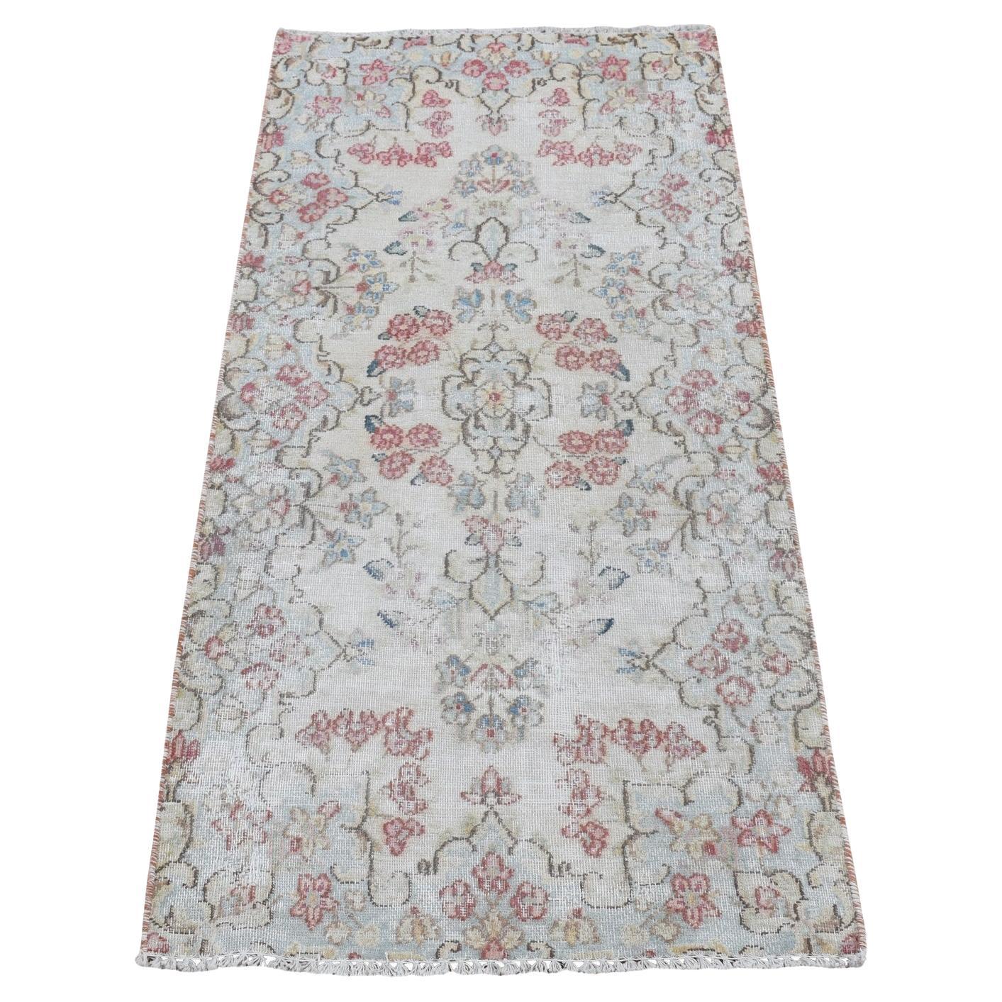Ivory Vintage Persian Kerman Worn Down Hand Knotted Pure Wool Rug 1'9"x3'10" For Sale