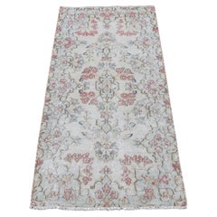 Ivory Vintage Persian Kerman Worn Down Hand Knotted Pure Wool Rug 1'9"x3'10"