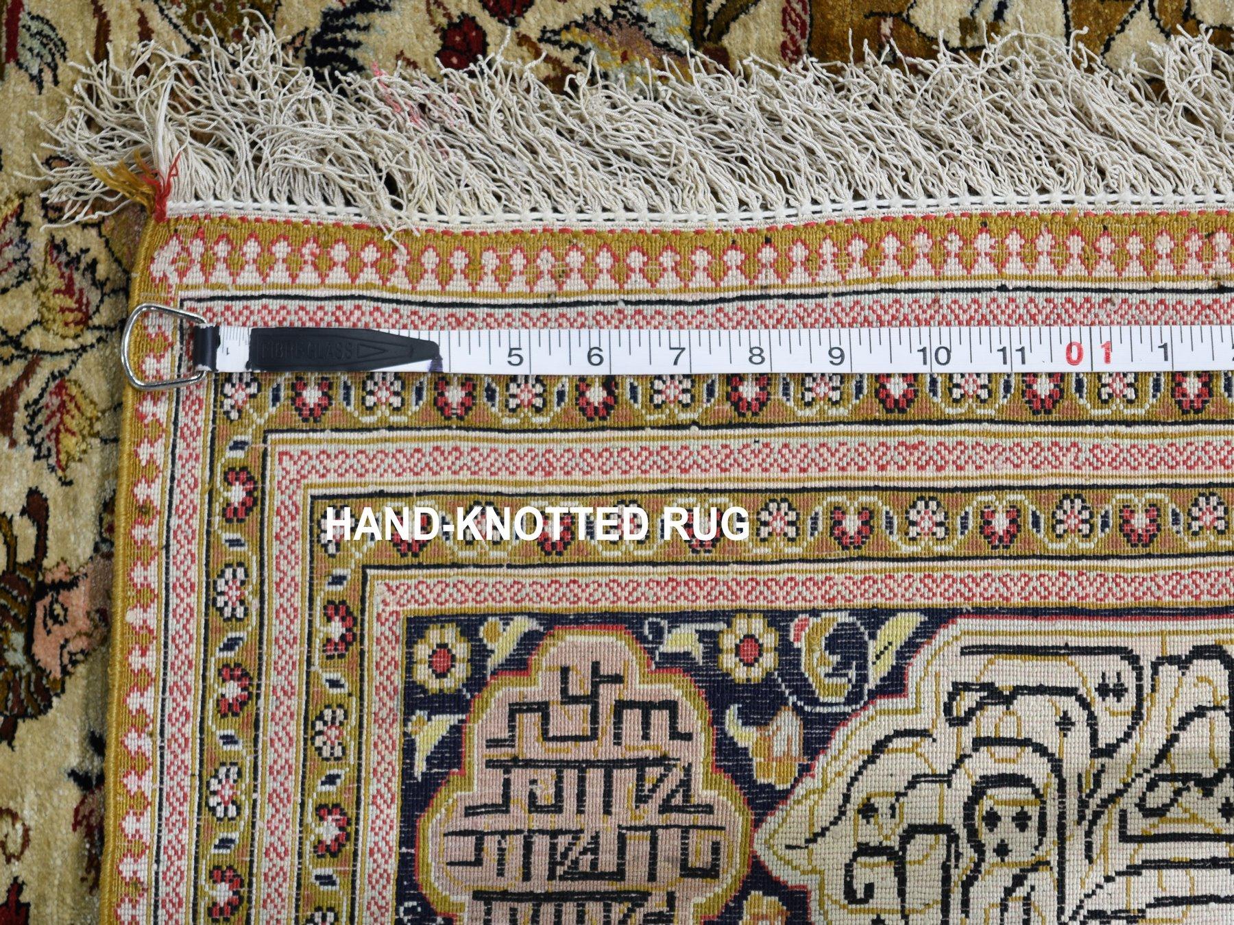 Ivory Vintage Persian Silk Qum 500 KPSI Hunting Design, Poetry Hand Knotted 4