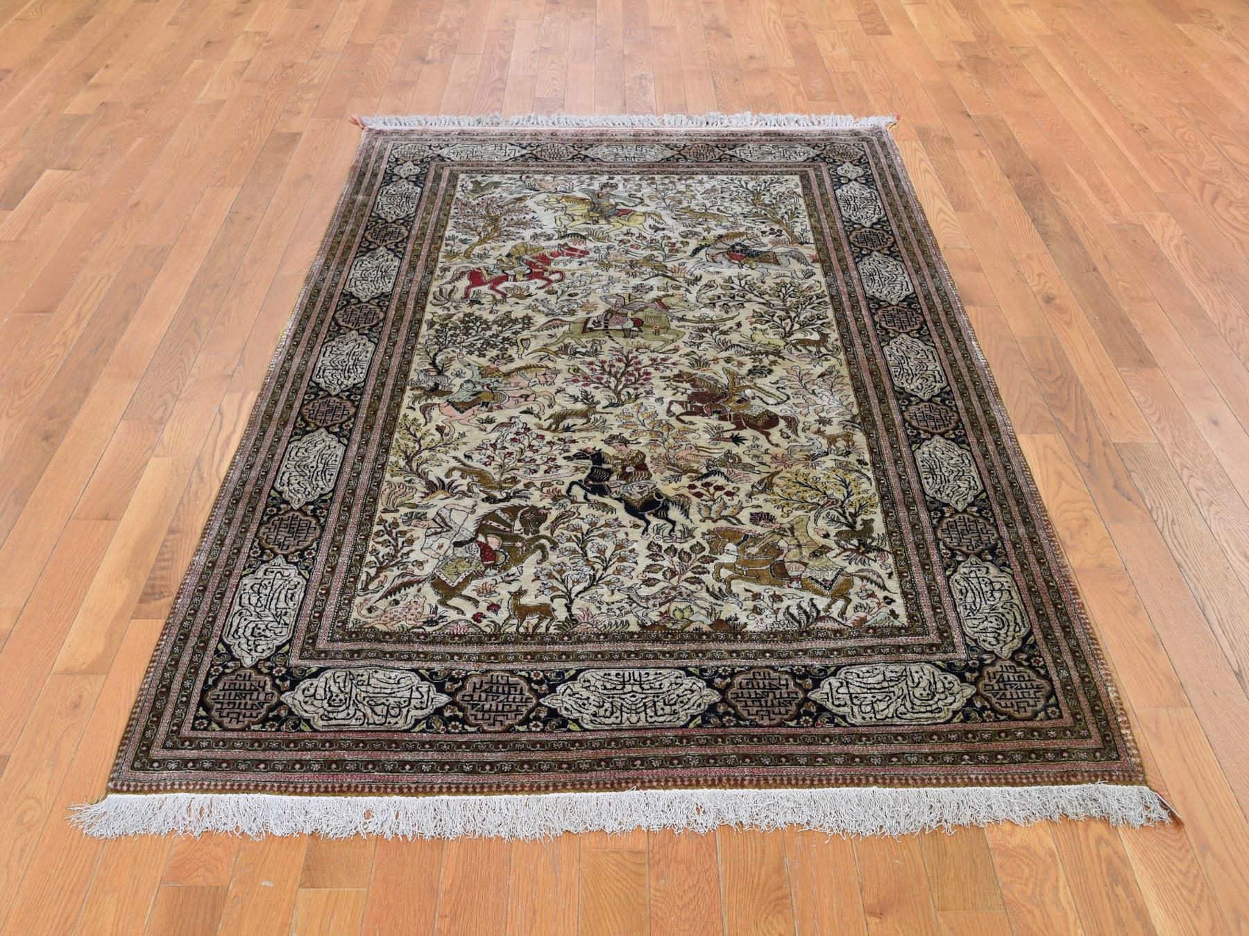 This is a truly genuine one-of-a-kind Ivory vintage Persian Qum 500 KPSI Hunting Design, poetry hand knotted rug. It has been knotted for months and months in the centuries-old Persian weaving craftsmanship techniques by expert artisans.

Primary