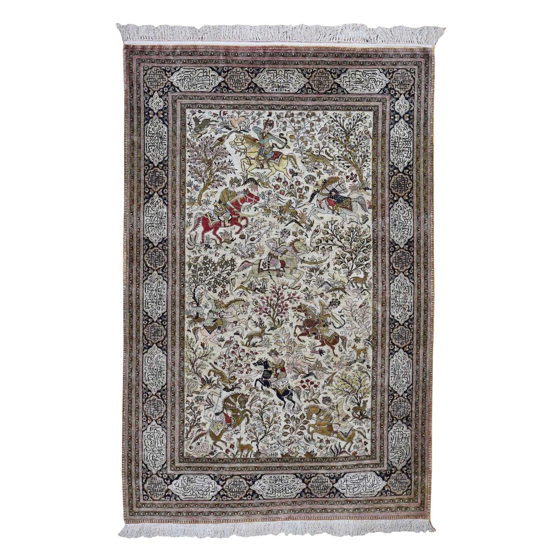 Vintage Persian Silk Qum 500 KPSI Hunting Design Hand Knotted Oriental Rug