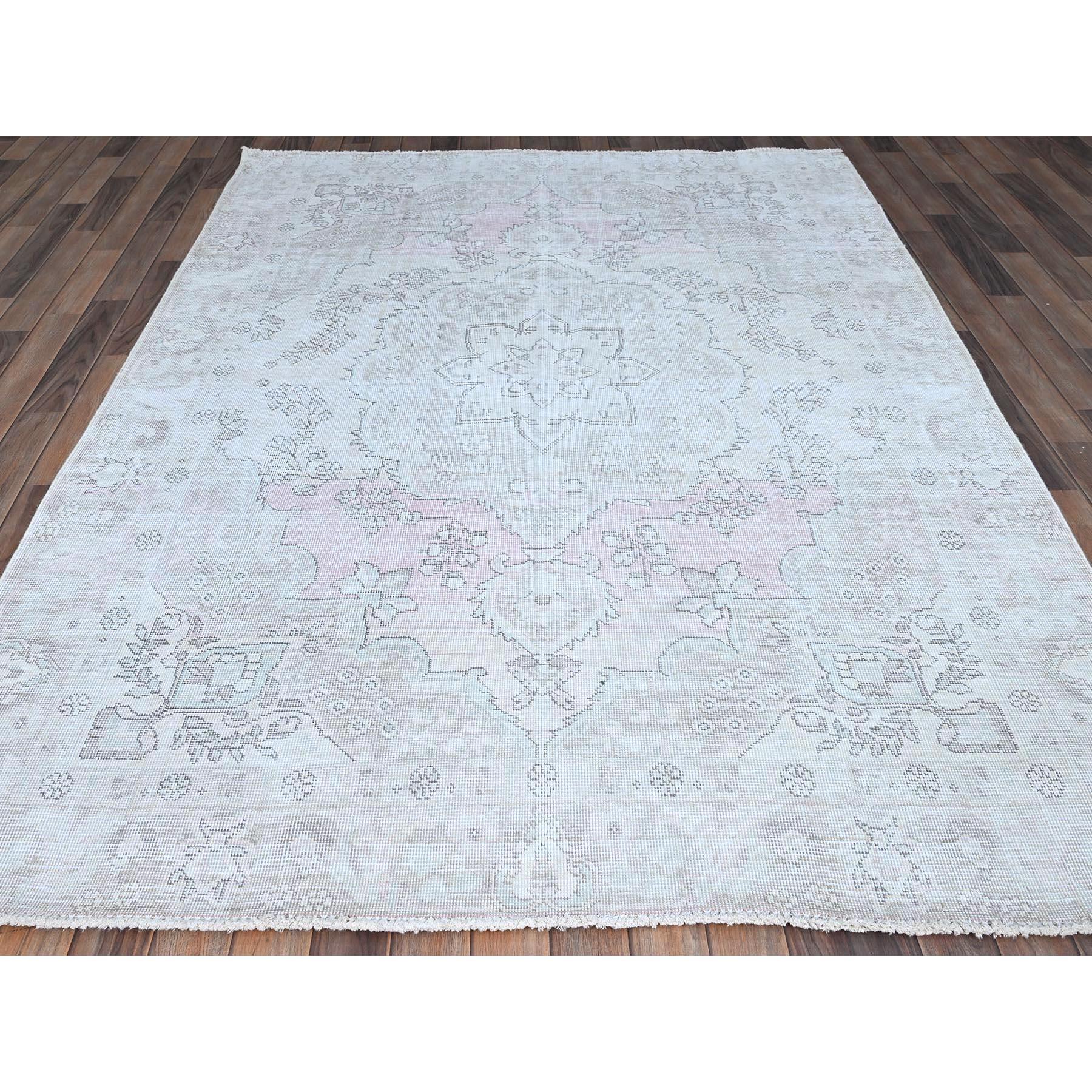 Hand-Knotted Ivory Vintage Persian Tabriz Clean Hand Knotted Even Wear Worn Down Wool Rug For Sale