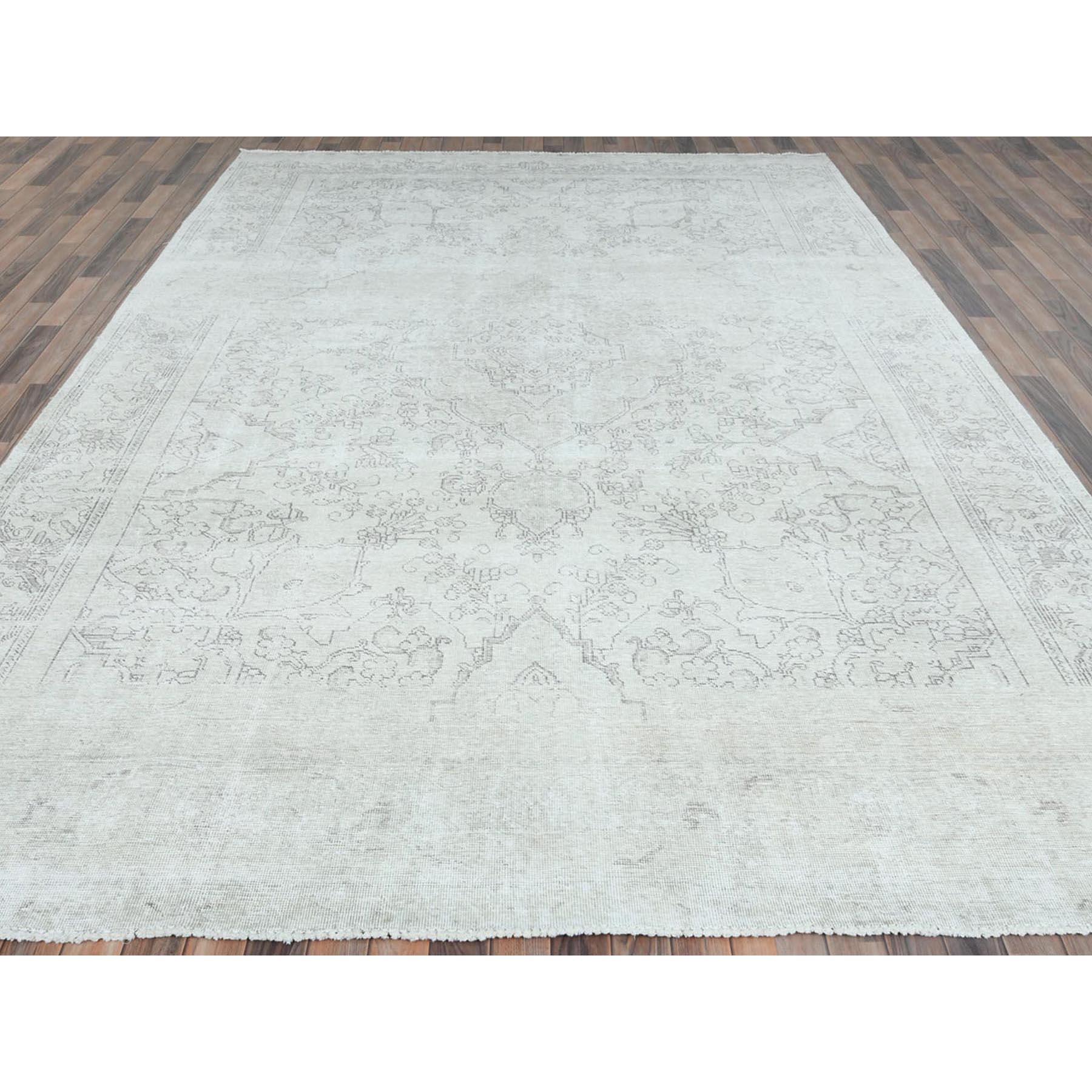 Hand-Knotted Ivory Vintage Persian Tabriz Cropped Thin Distressed Worn Wool Hand Knotted Rug For Sale