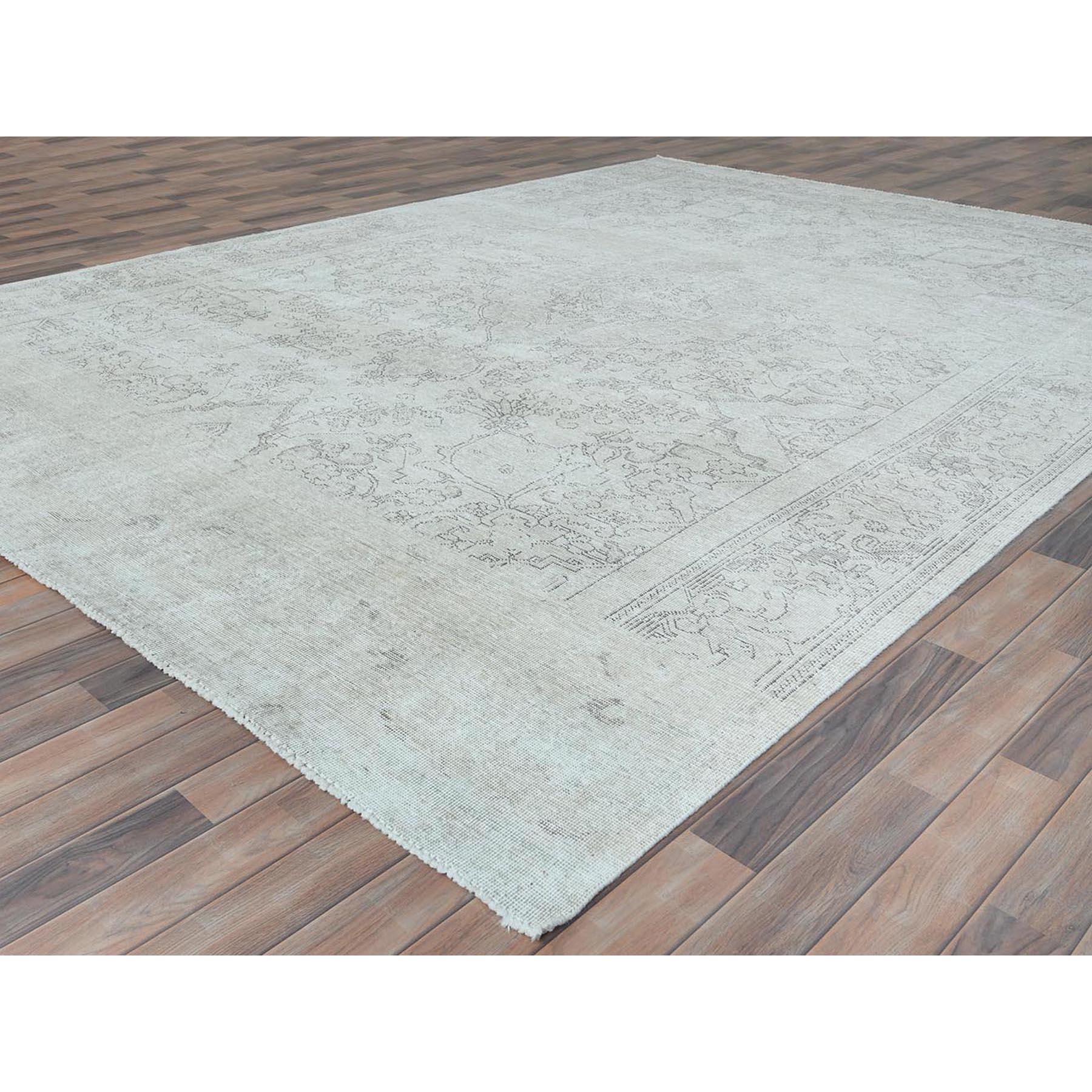 Ivory Vintage Persian Tabriz Cropped Thin Distressed Worn Wool Hand Knotted Rug In Good Condition For Sale In Carlstadt, NJ