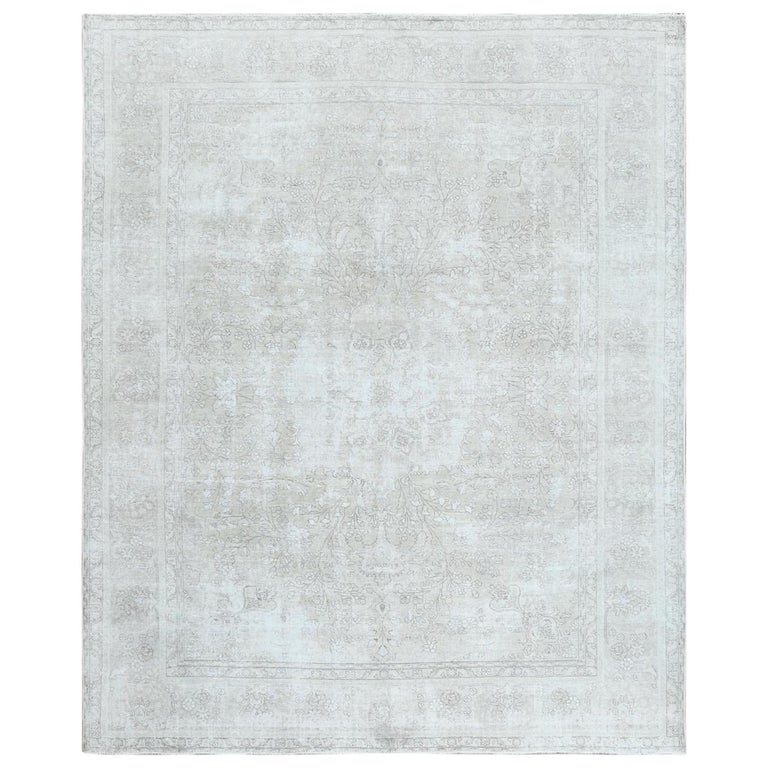 Ivory, Vintage Persian Tabriz, Distressed Look Worn Wool, Hand Knotted