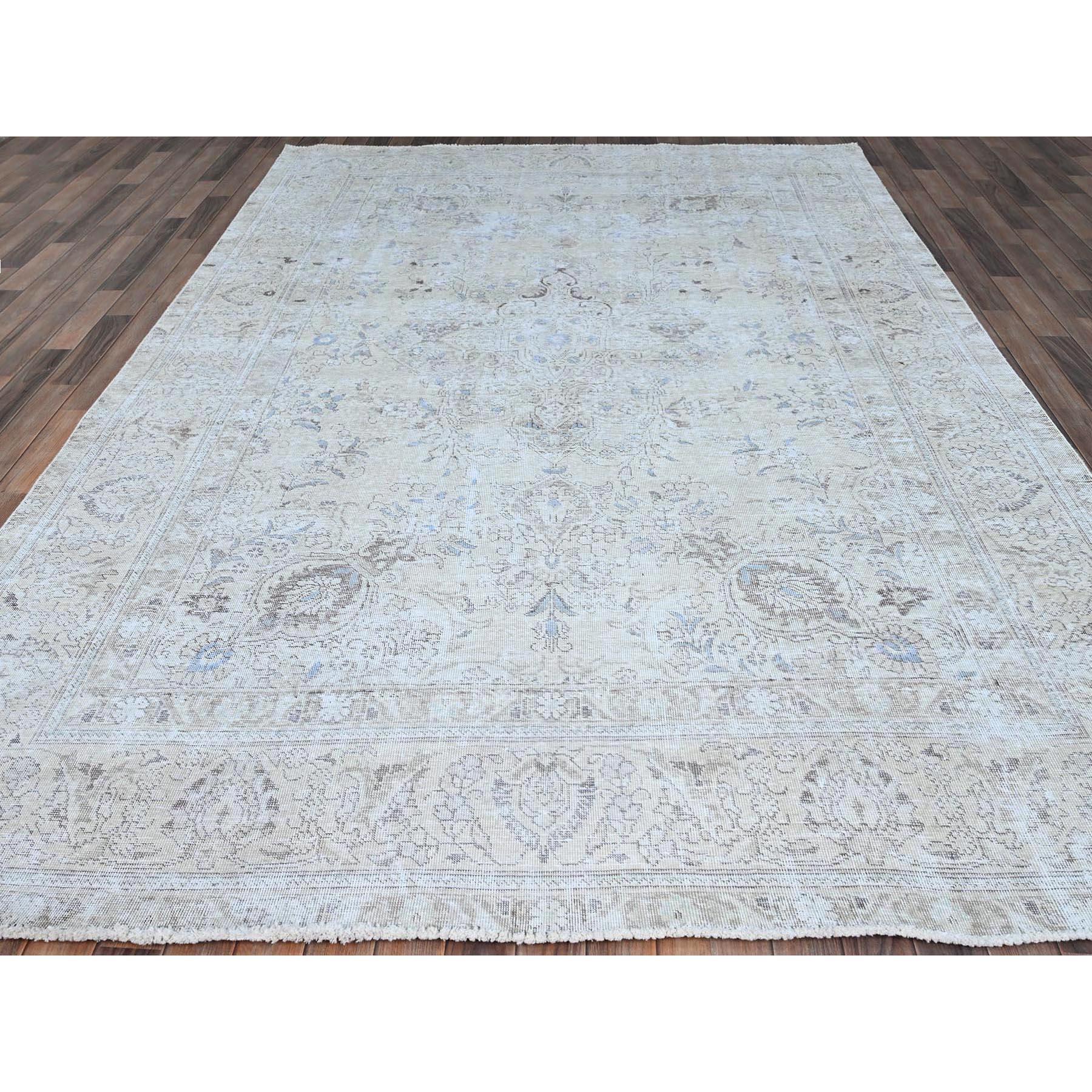 Hand-Knotted Ivory Vintage Persian Tabriz Hand Knotted Abrash Evenly Worn Pure Wool Clean Rug For Sale