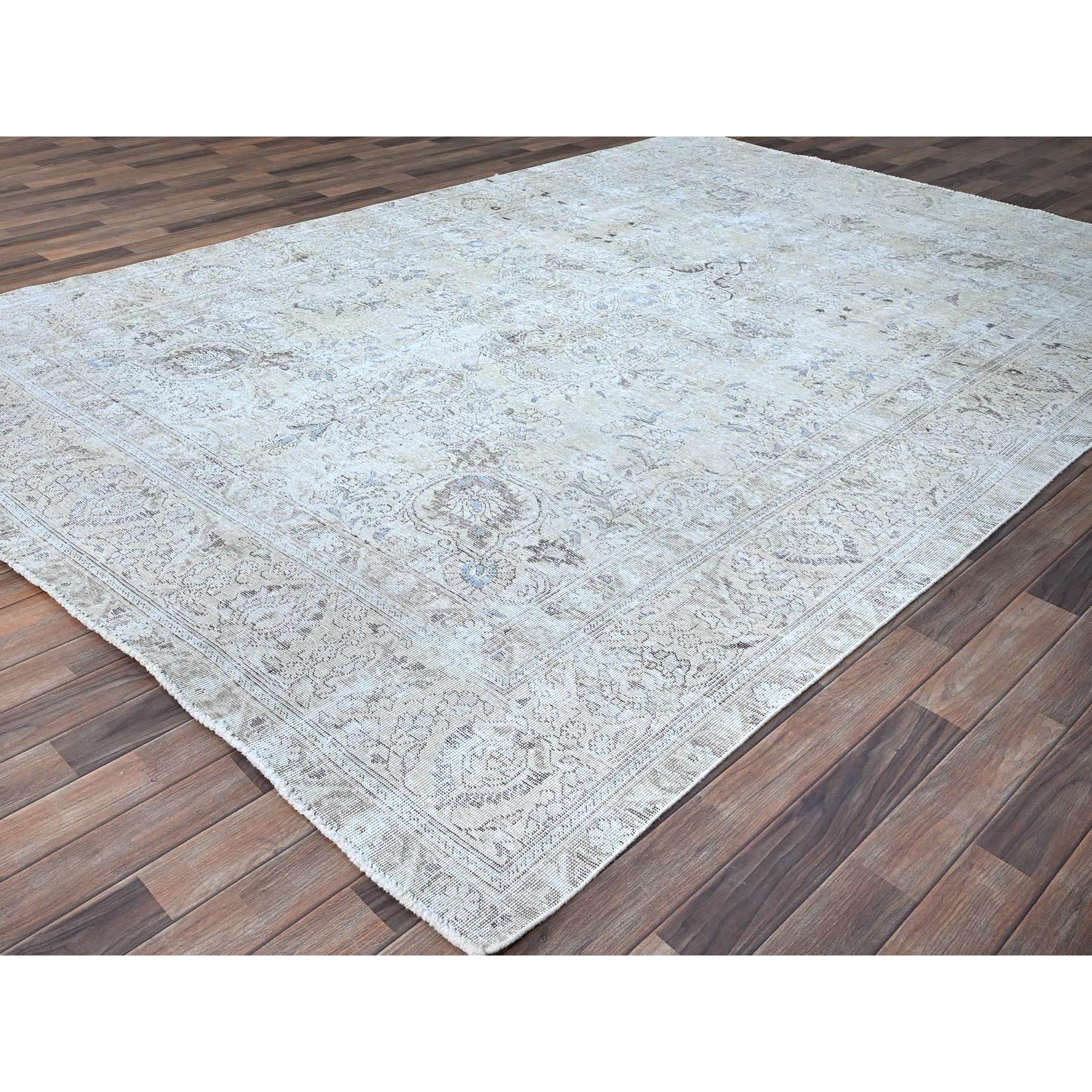 Ivory Vintage Persian Tabriz Hand Knotted Abrash Evenly Worn Pure Wool Clean Rug In Good Condition For Sale In Carlstadt, NJ