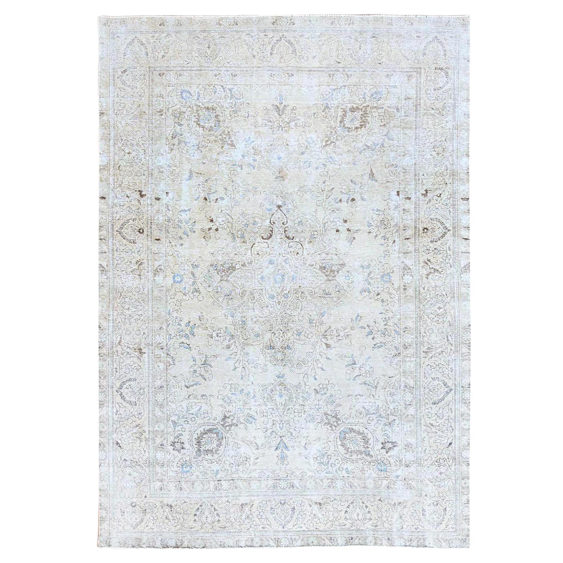 Ivory Vintage Persian Tabriz Hand Knotted Abrash Evenly Worn Pure Wool Clean Rug For Sale
