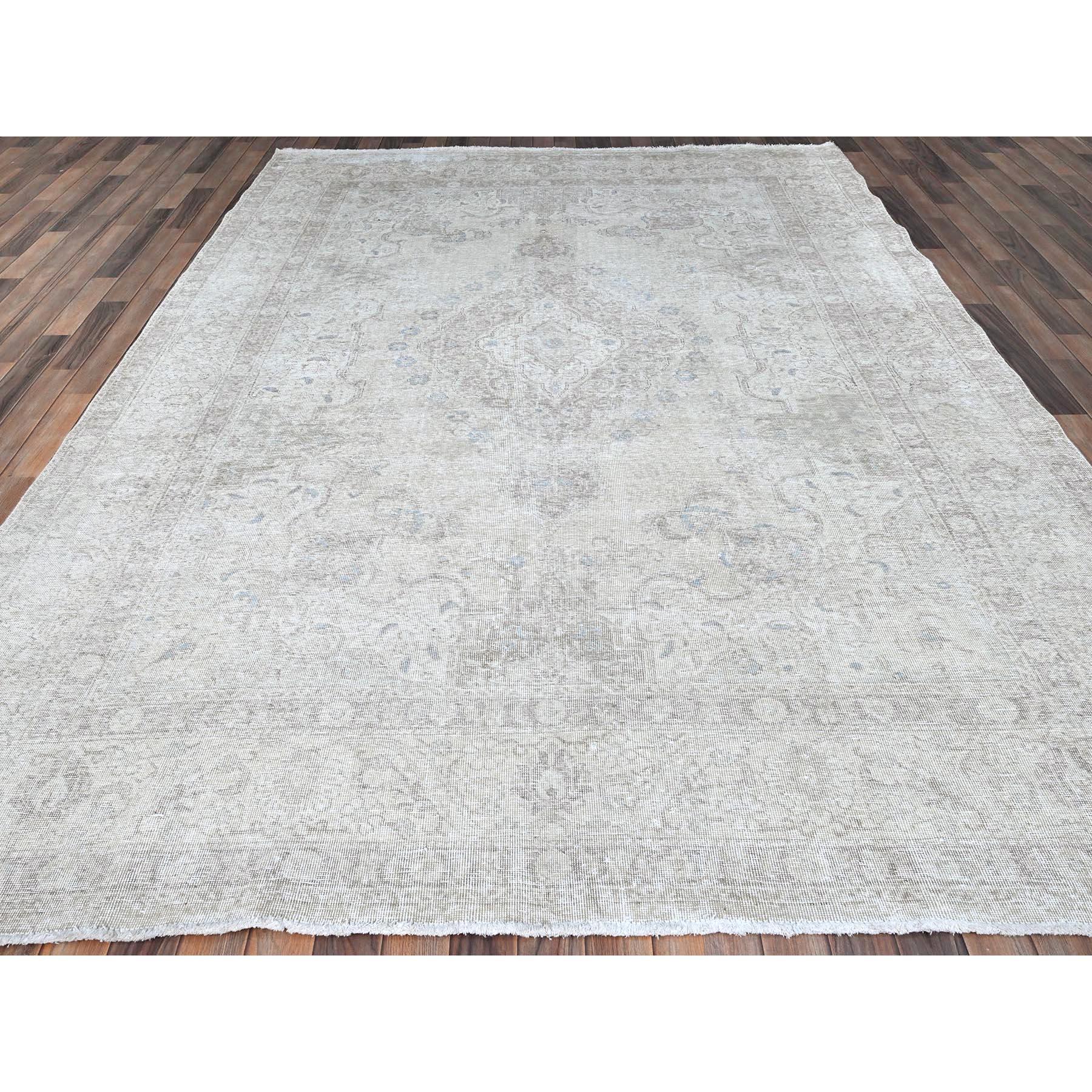 Medieval Ivory Vintage Persian Tabriz Hand Knotted Wool Rustic Look Even Wear Clean Rug For Sale