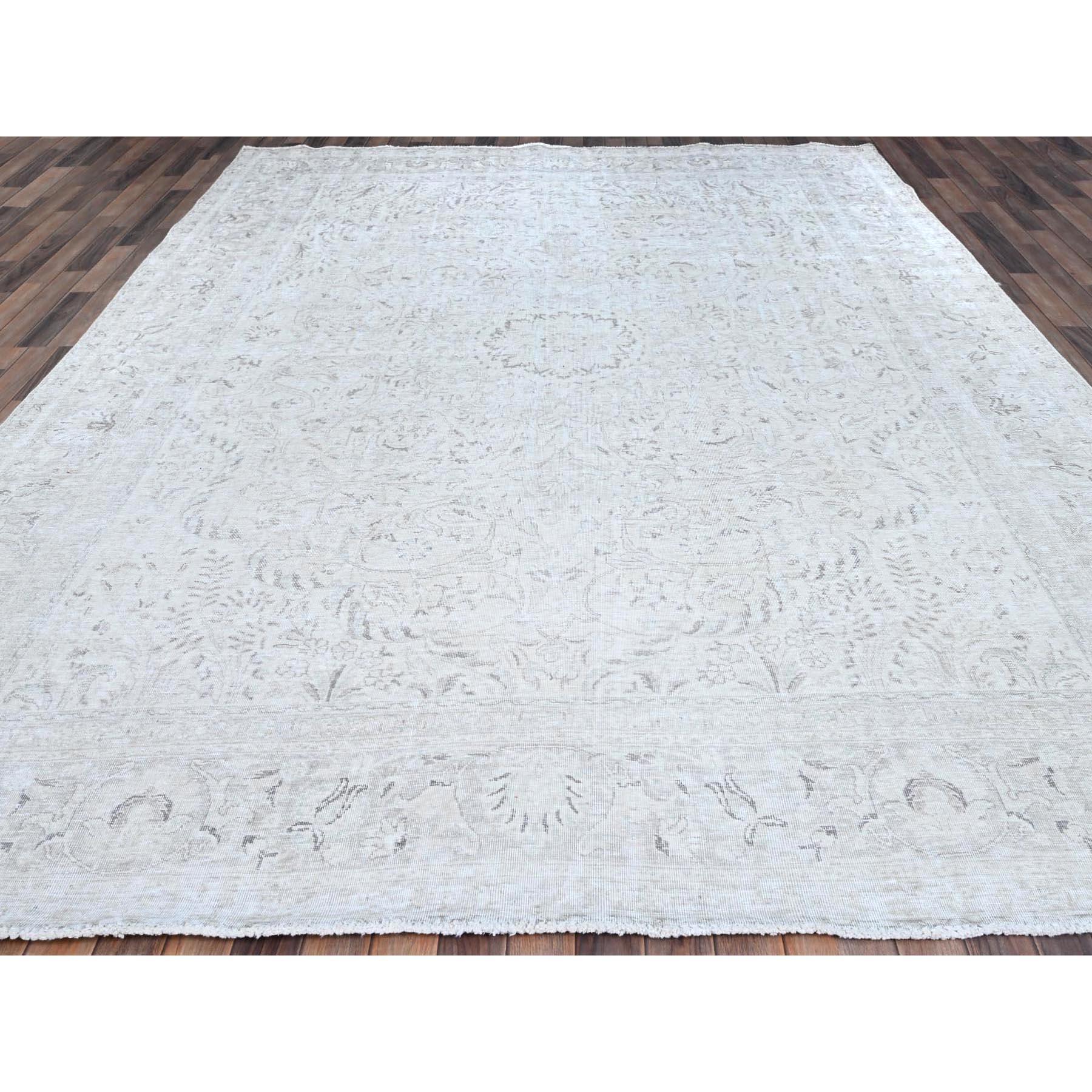 Medieval Ivory Vintage Persian Tabriz Seared Low Clean Hand Knotted Evenly Worn Wool Rug