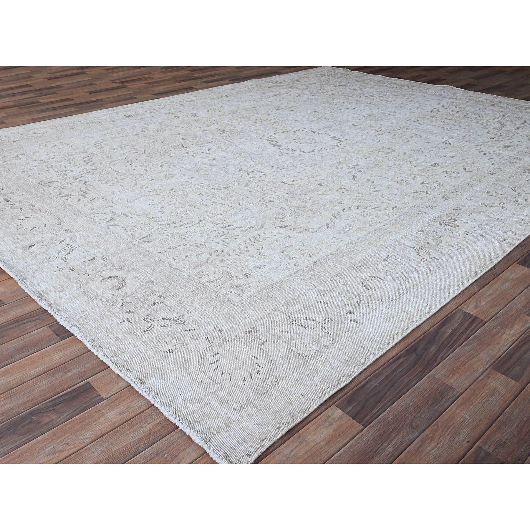 Hand-Knotted Ivory Vintage Persian Tabriz Seared Low Clean Hand Knotted Evenly Worn Wool Rug
