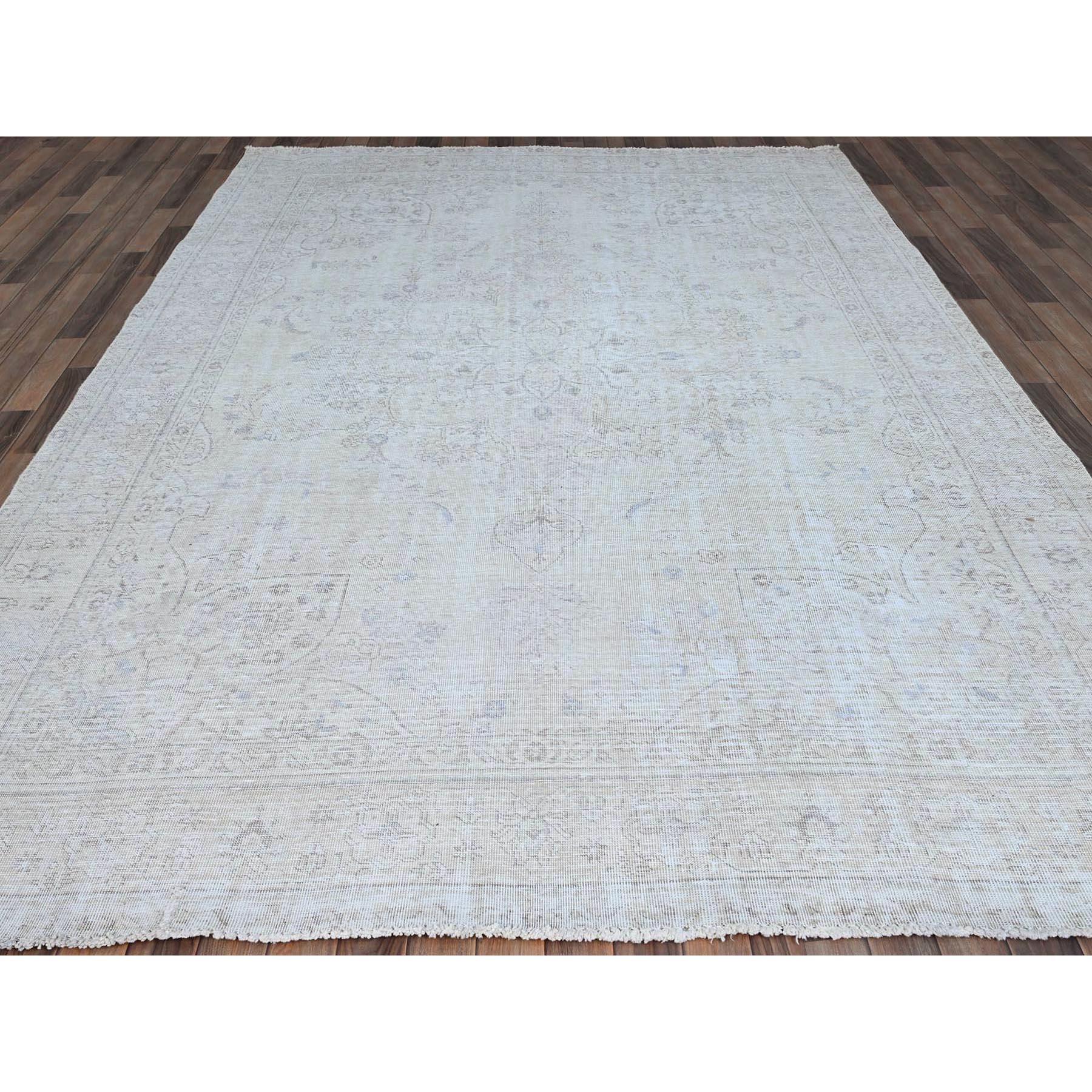 Hand-Knotted Ivory Vintage Persian Tabriz White Wash Clean Hand Knotted Wool Rustic Look Rug For Sale