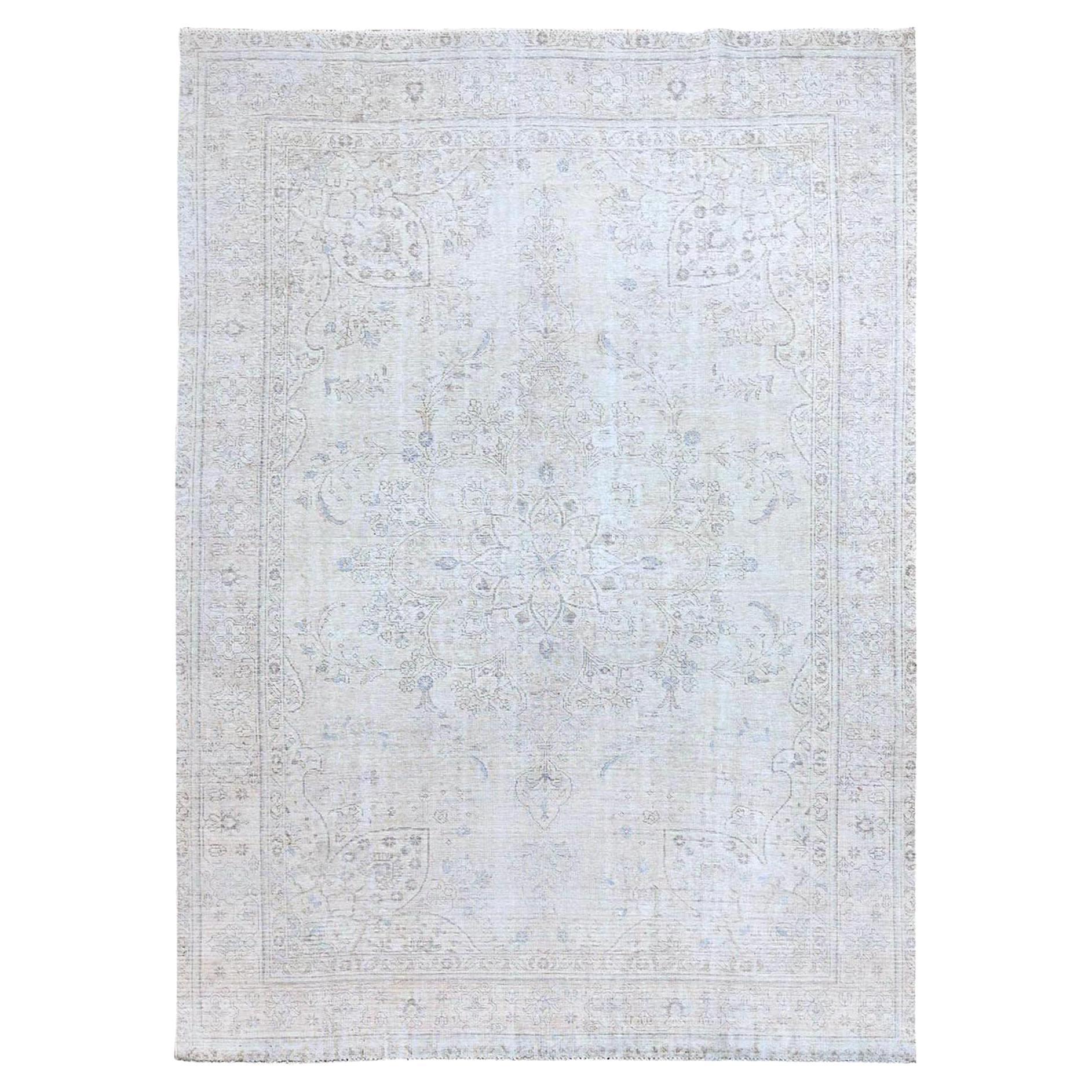 Ivory Vintage Persian Tabriz White Wash Clean Hand Knotted Wool Rustic Look Rug