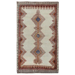 Ivory Washed Out Old and Worn Down Persian Shiraz Hand Knotted Oriental Rug