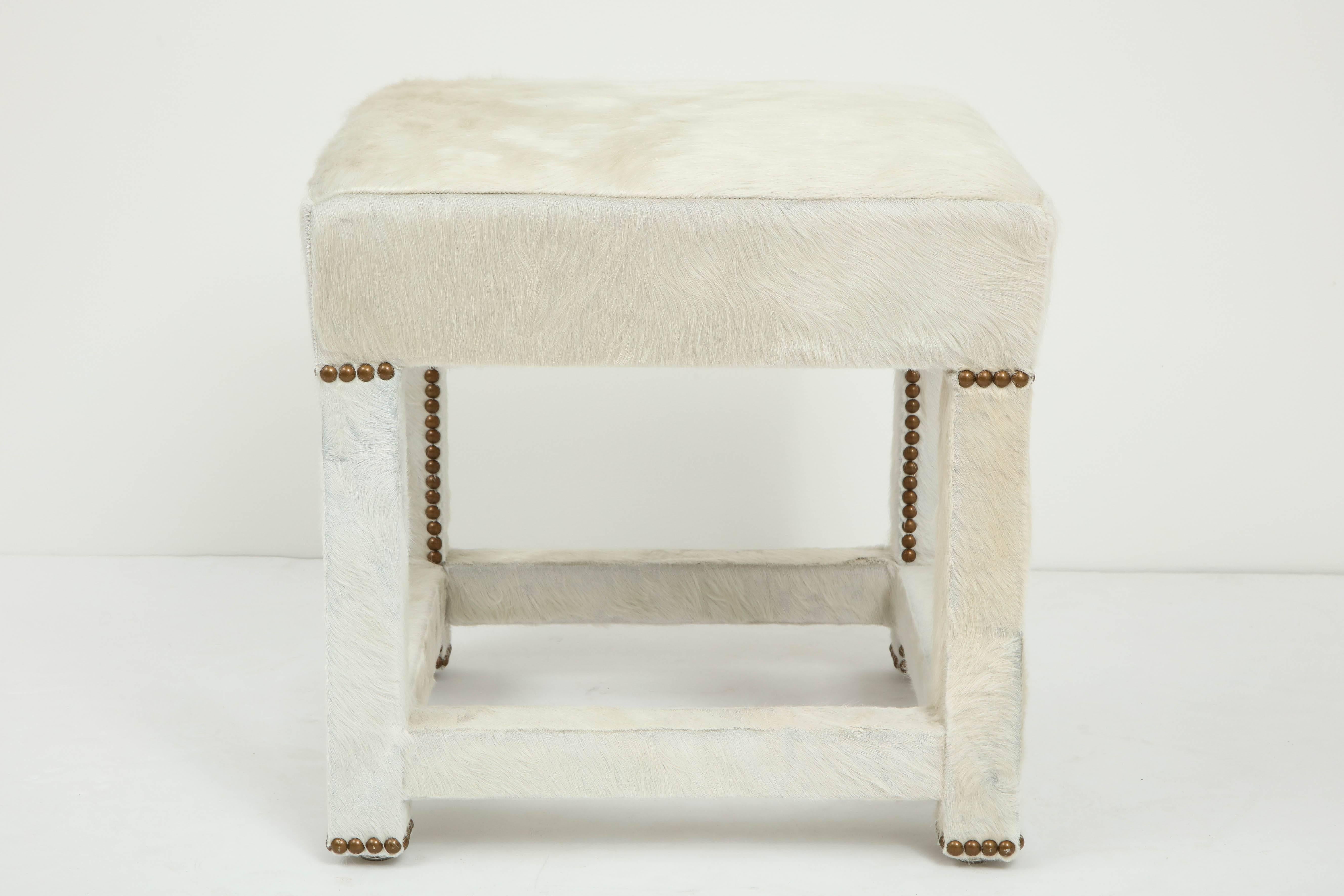 Mid-Century Modern Ivory White Calfskin Ottomans For Sale