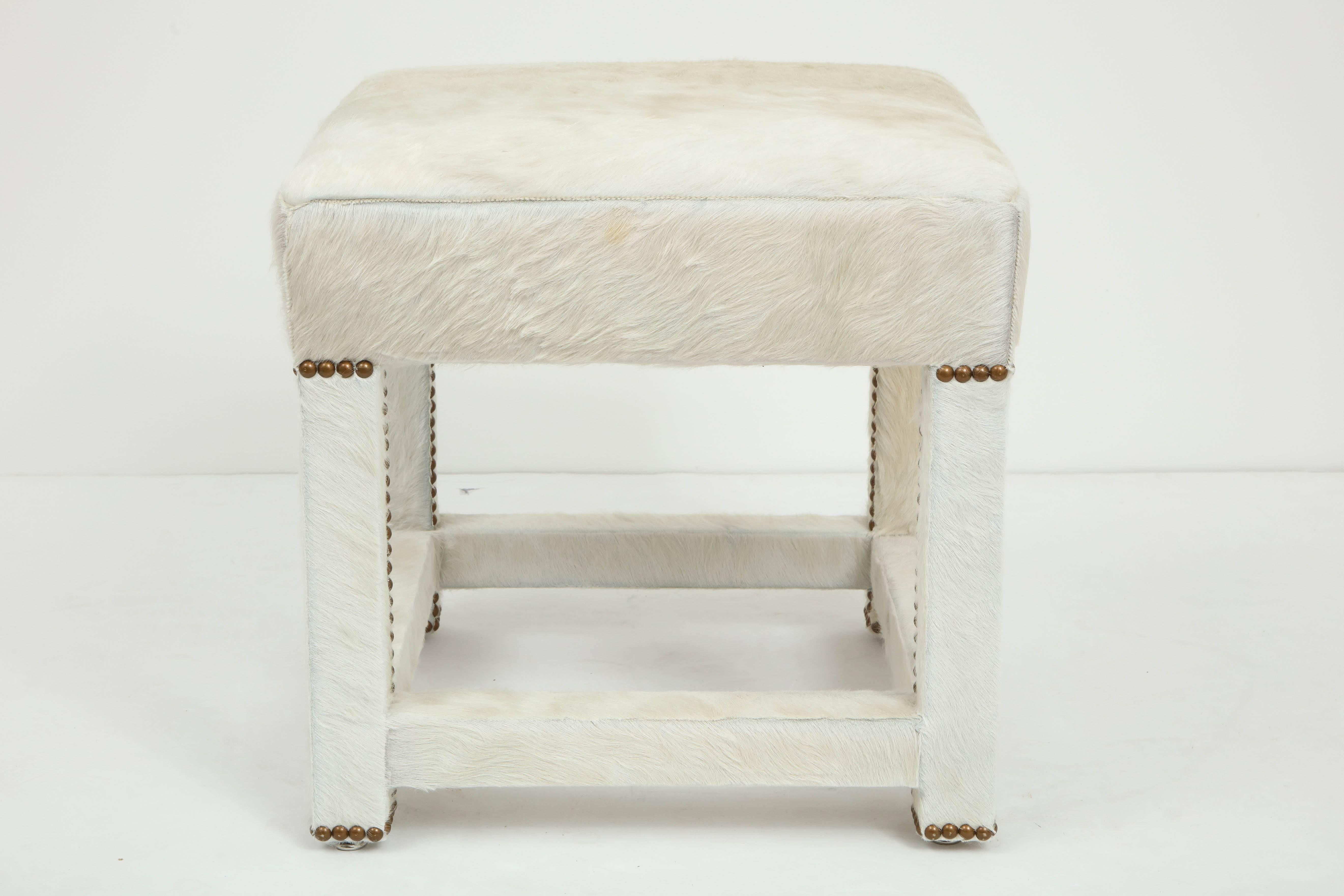 Cowhide Ivory White Calfskin Ottomans For Sale
