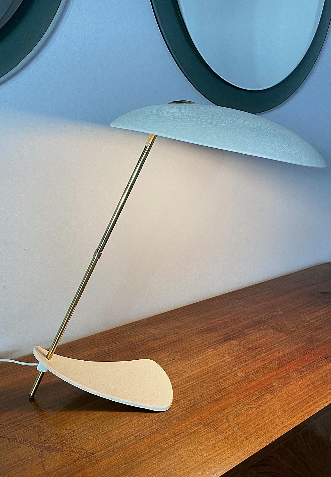 Brass Ivory White Italian Designer Mid-Century Modern UFO Table Lamp, 1950s, Italy