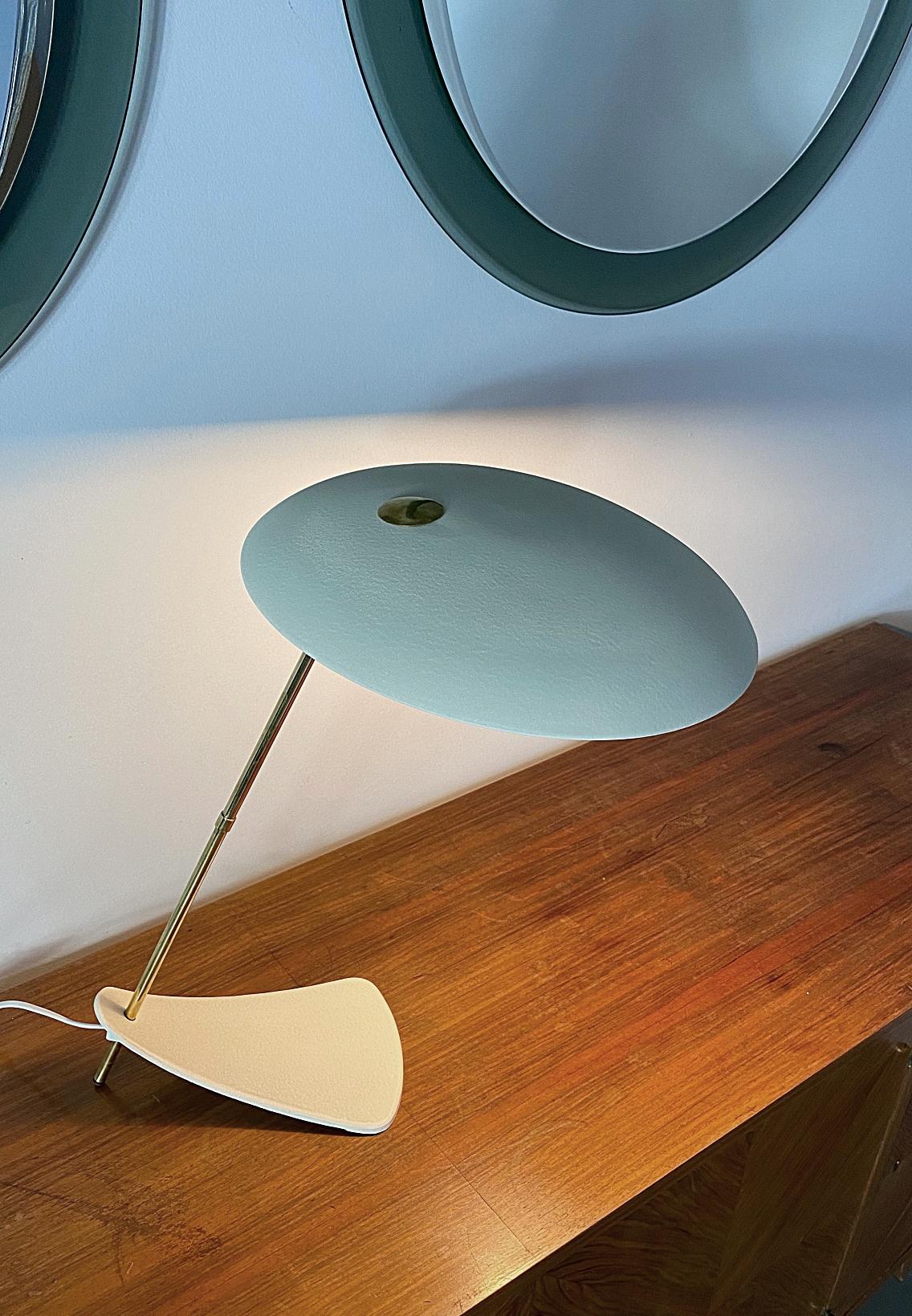 Brass Ivory White Italian Designer Midcentury Modern UFO Table Lamp, 1950s, Italy