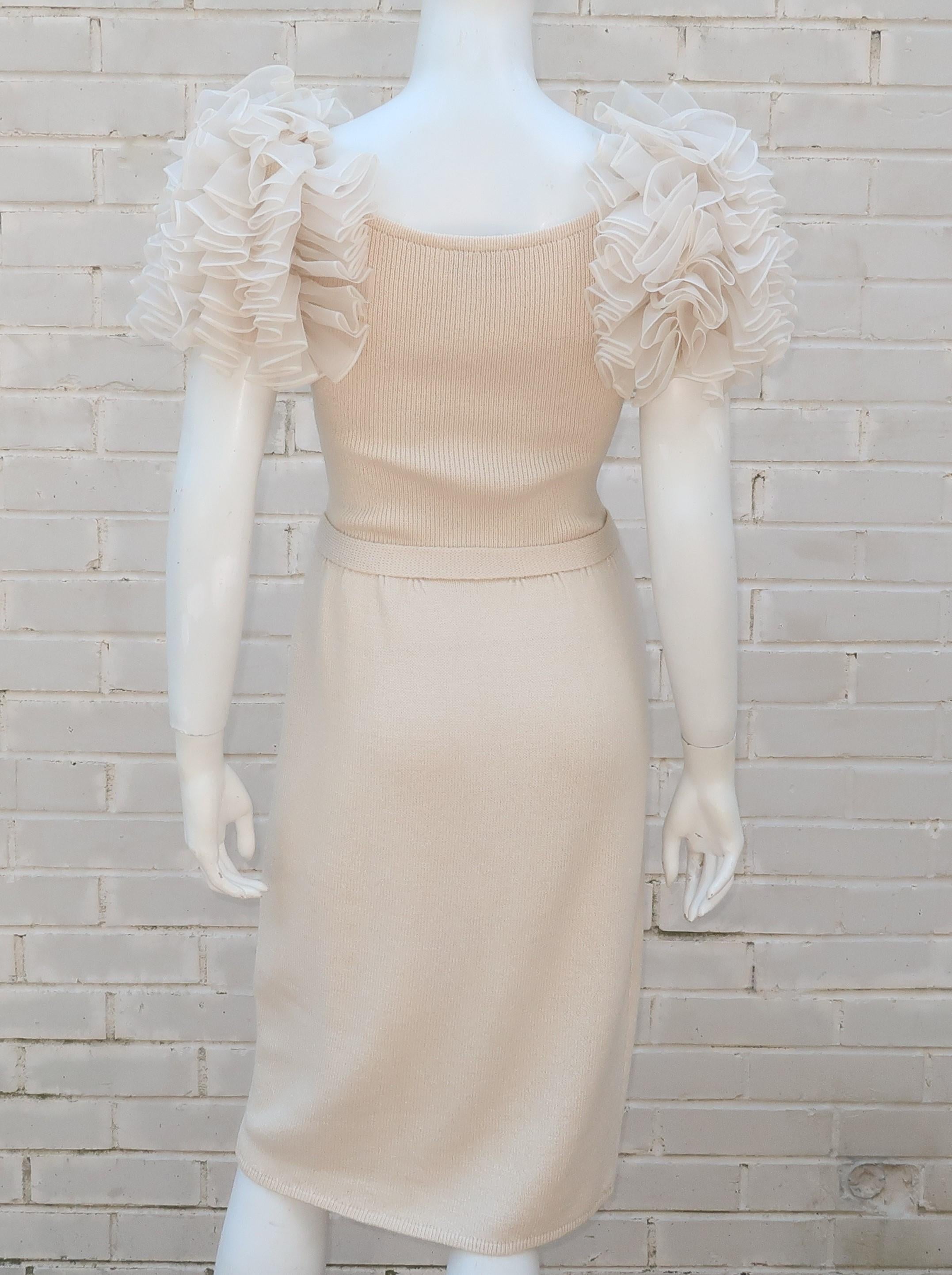 Ivory White Knit Cocktail Dress With Ruffled Sleeves & Rhinestones, C.1980 6