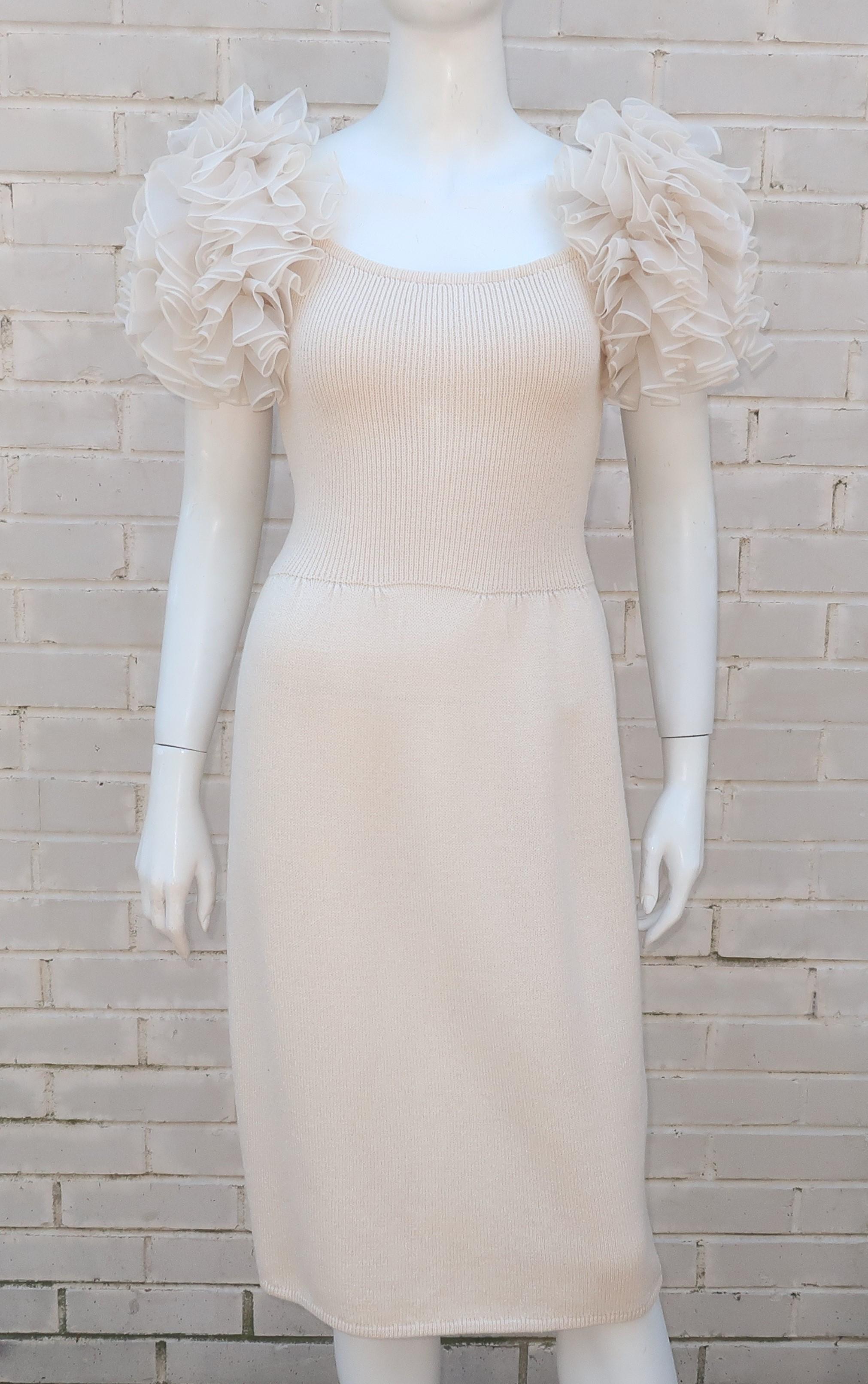 Ivory White Knit Cocktail Dress With Ruffled Sleeves & Rhinestones, C.1980 7