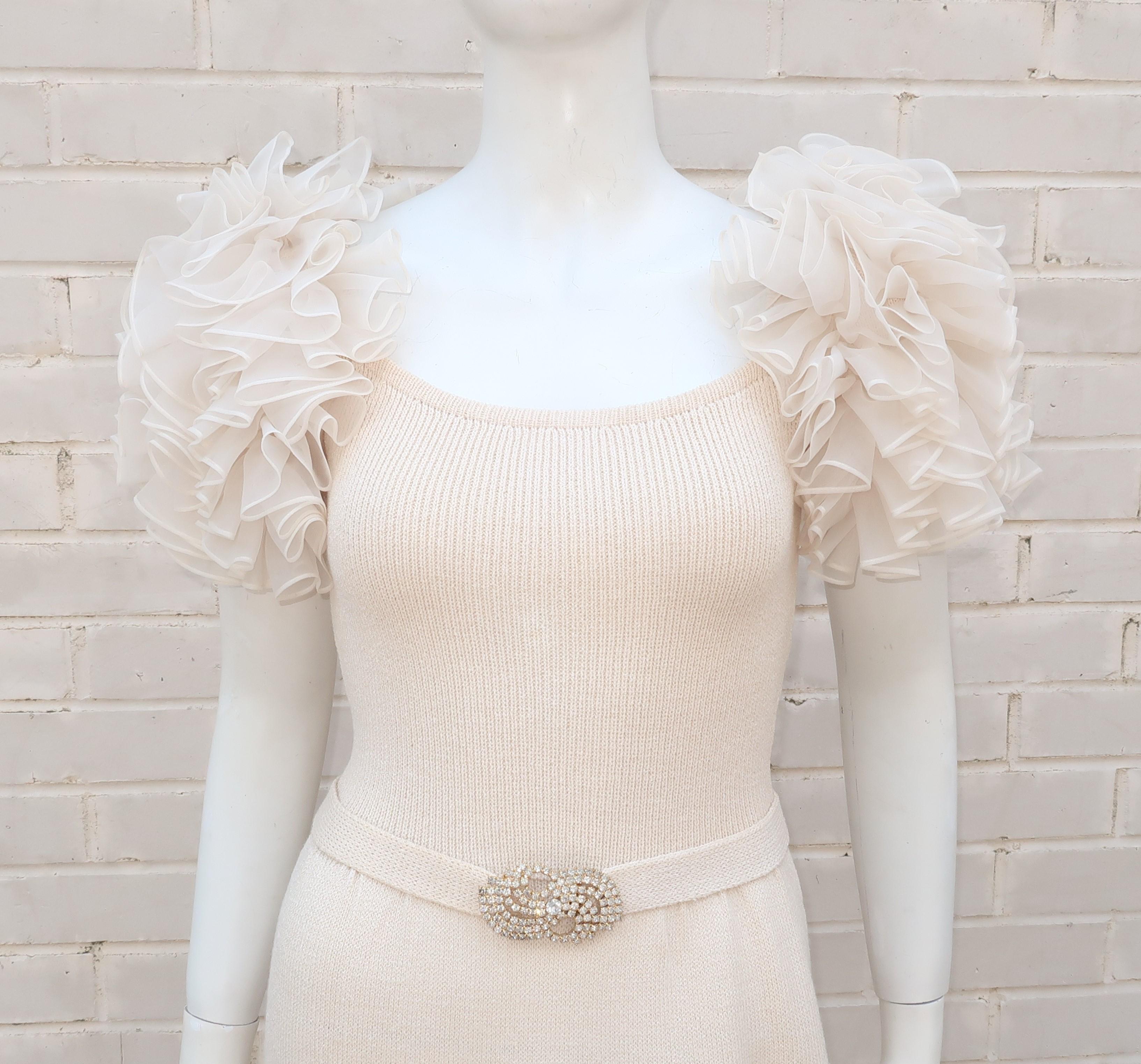 Ivory White Knit Cocktail Dress With Ruffled Sleeves & Rhinestones, C.1980 In Good Condition In Atlanta, GA