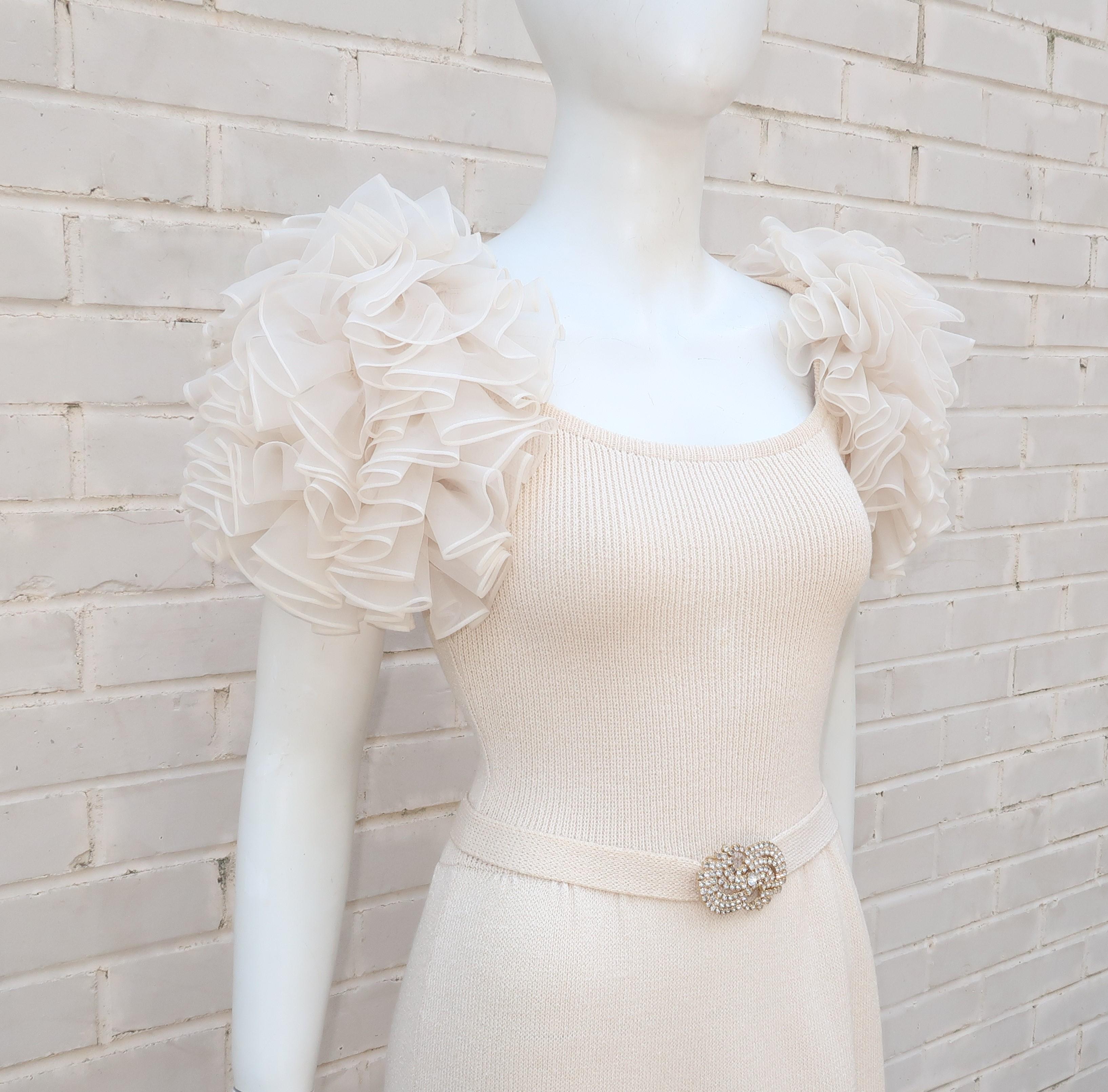 Ivory White Knit Cocktail Dress With Ruffled Sleeves & Rhinestones, C.1980 1