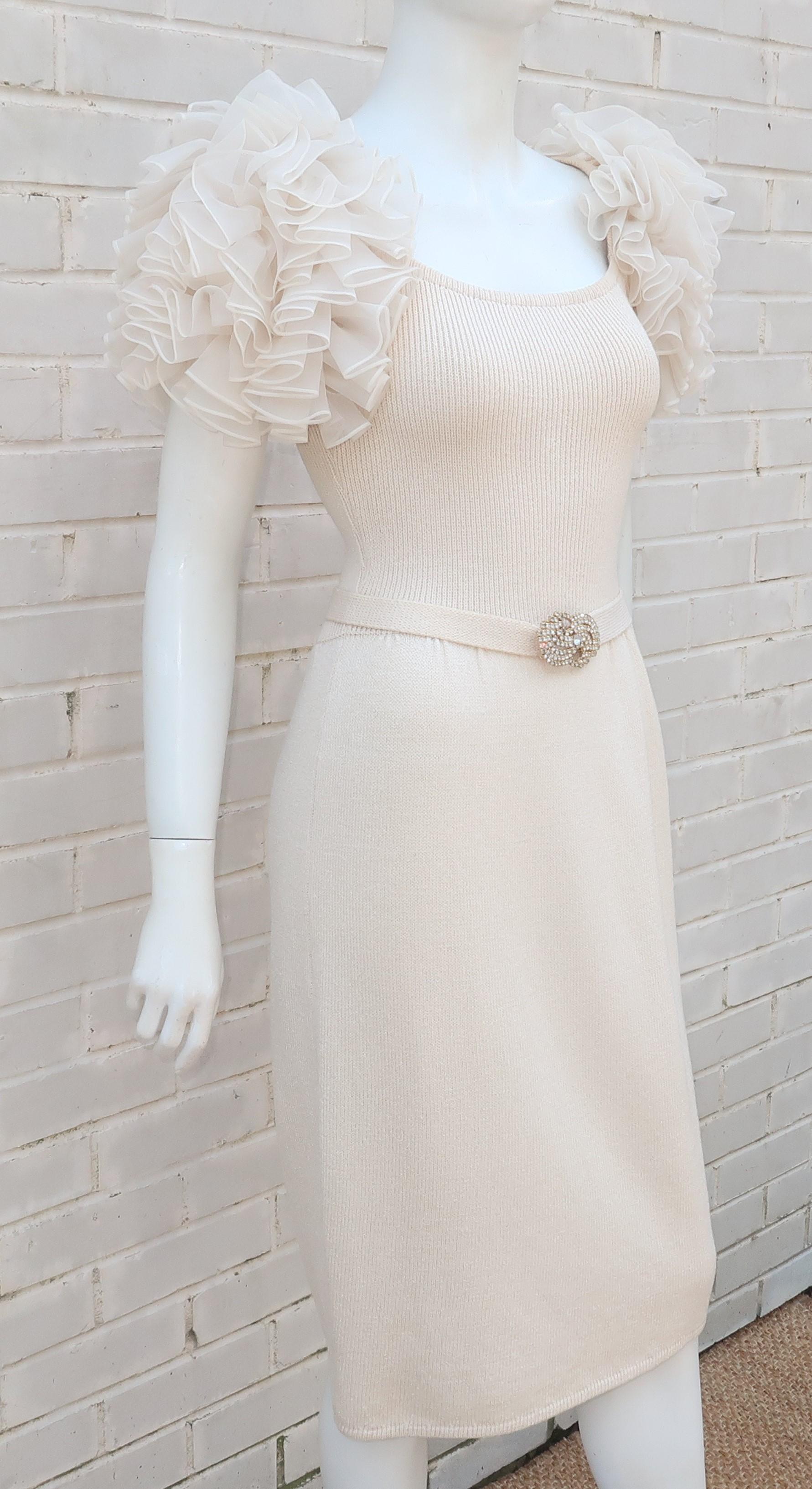 Ivory White Knit Cocktail Dress With Ruffled Sleeves & Rhinestones, C.1980 2