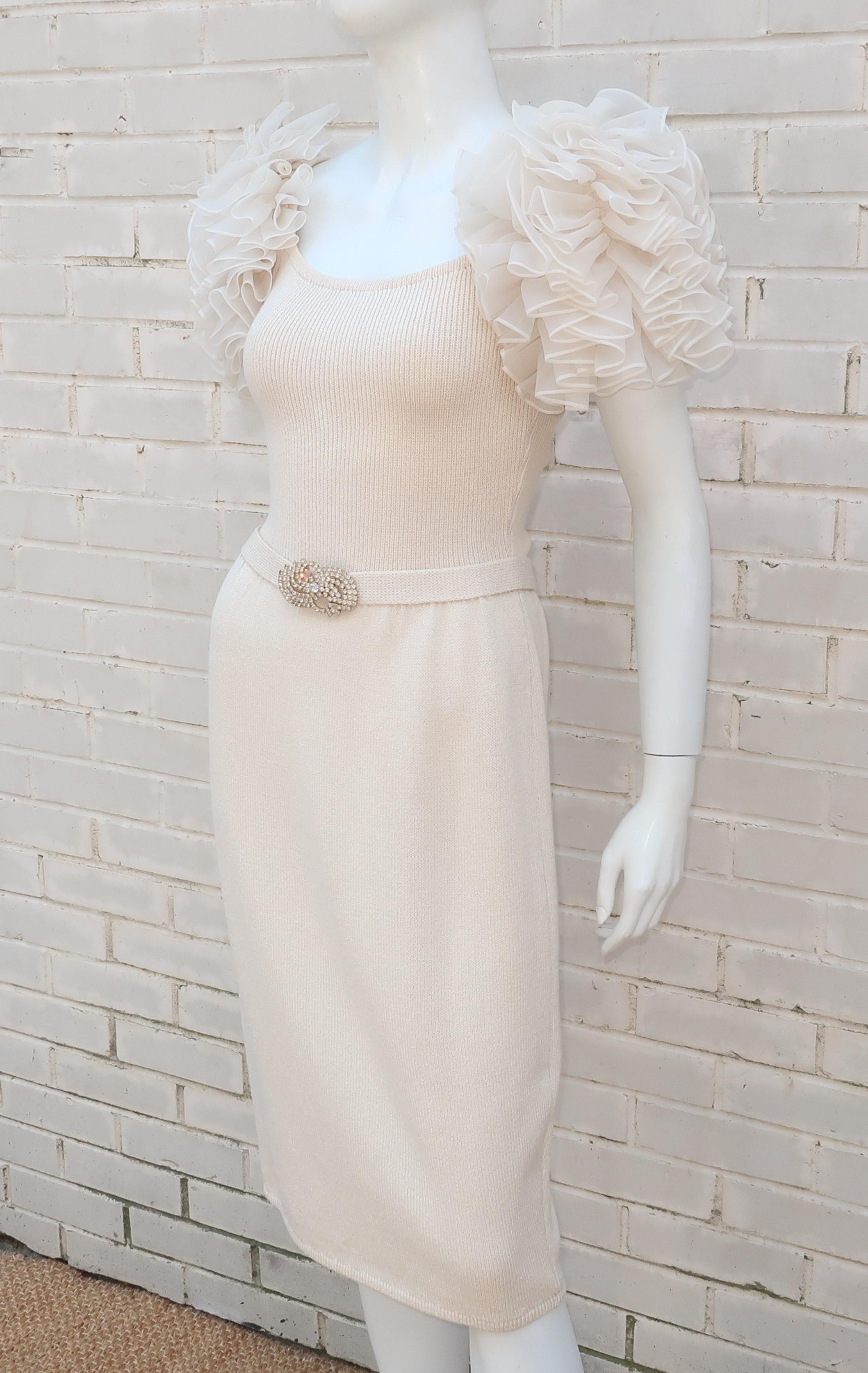Ivory White Knit Cocktail Dress With Ruffled Sleeves & Rhinestones, C.1980 3