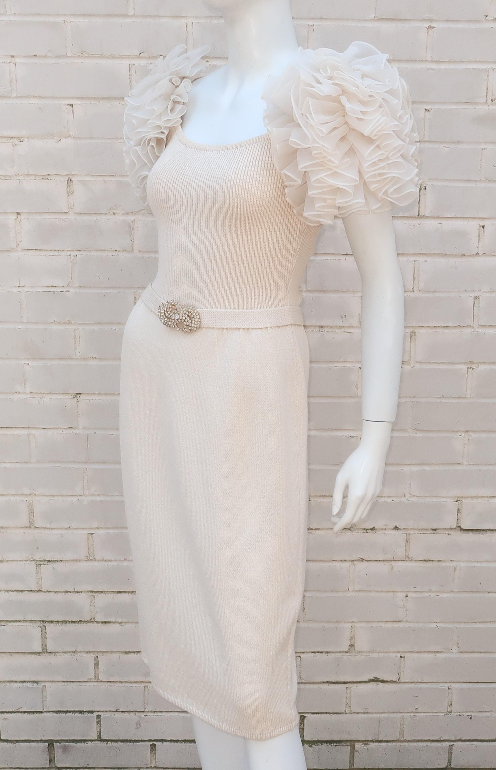 Ivory White Knit Cocktail Dress With Ruffled Sleeves & Rhinestones, C.1980 4