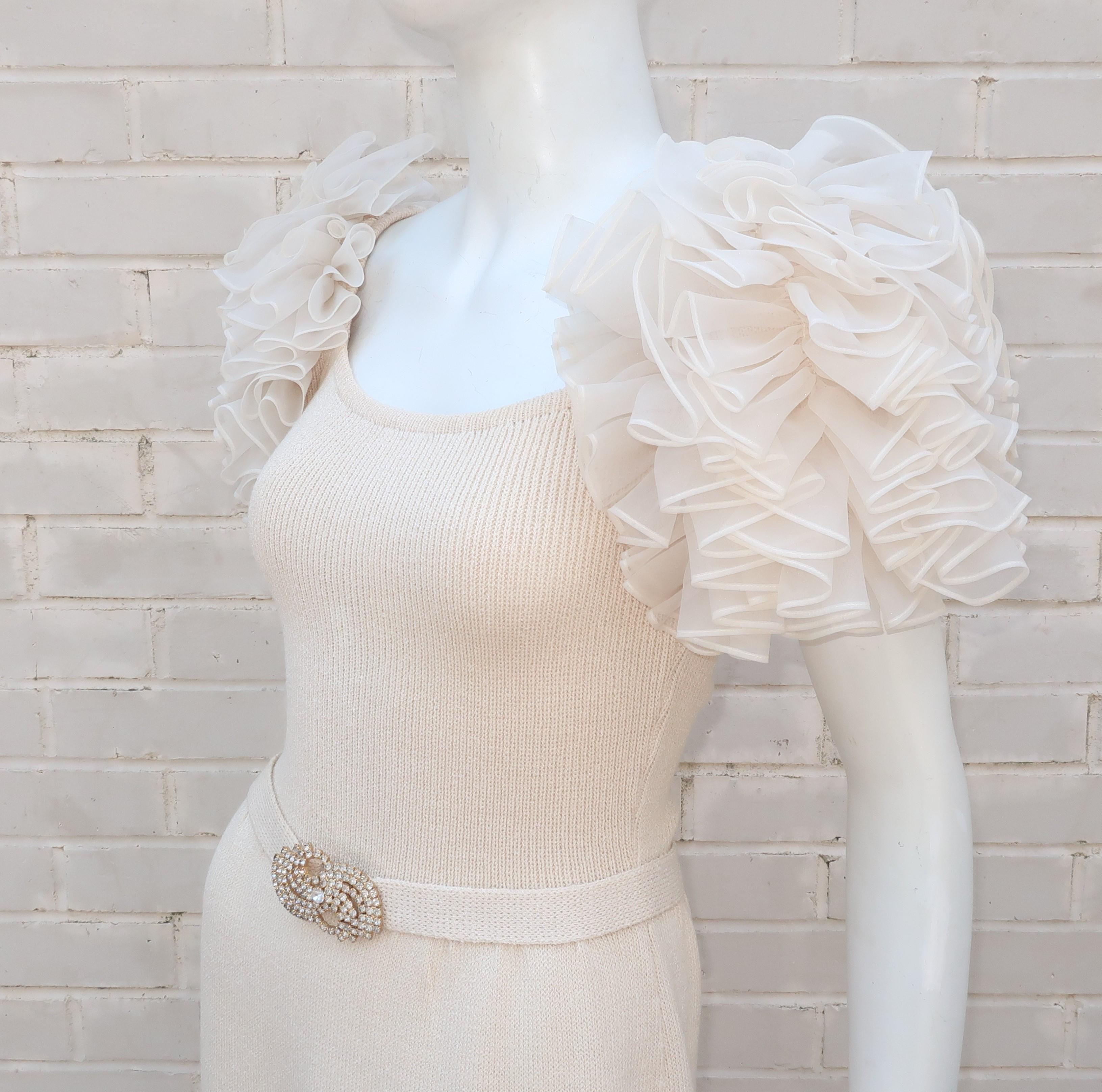 Ivory White Knit Cocktail Dress With Ruffled Sleeves & Rhinestones, C.1980 5