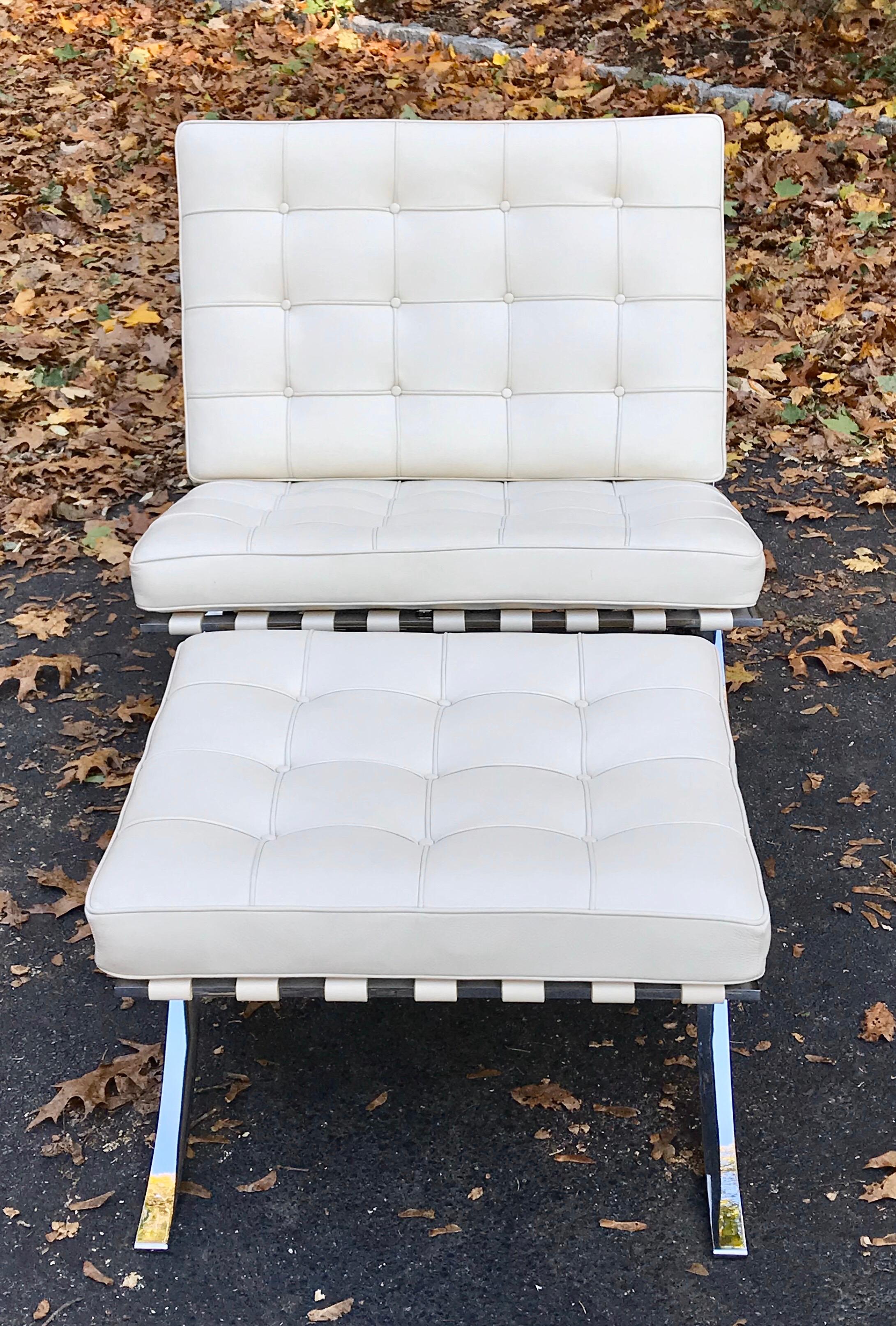 Early 2000 production of Knoll Barcelona chair and ottoman, ivory white leather.