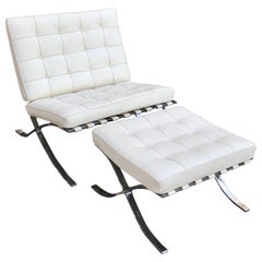 Ivory White Leather Barcelona Chair and Ottoman by Mies Van Der Rohe for Knoll