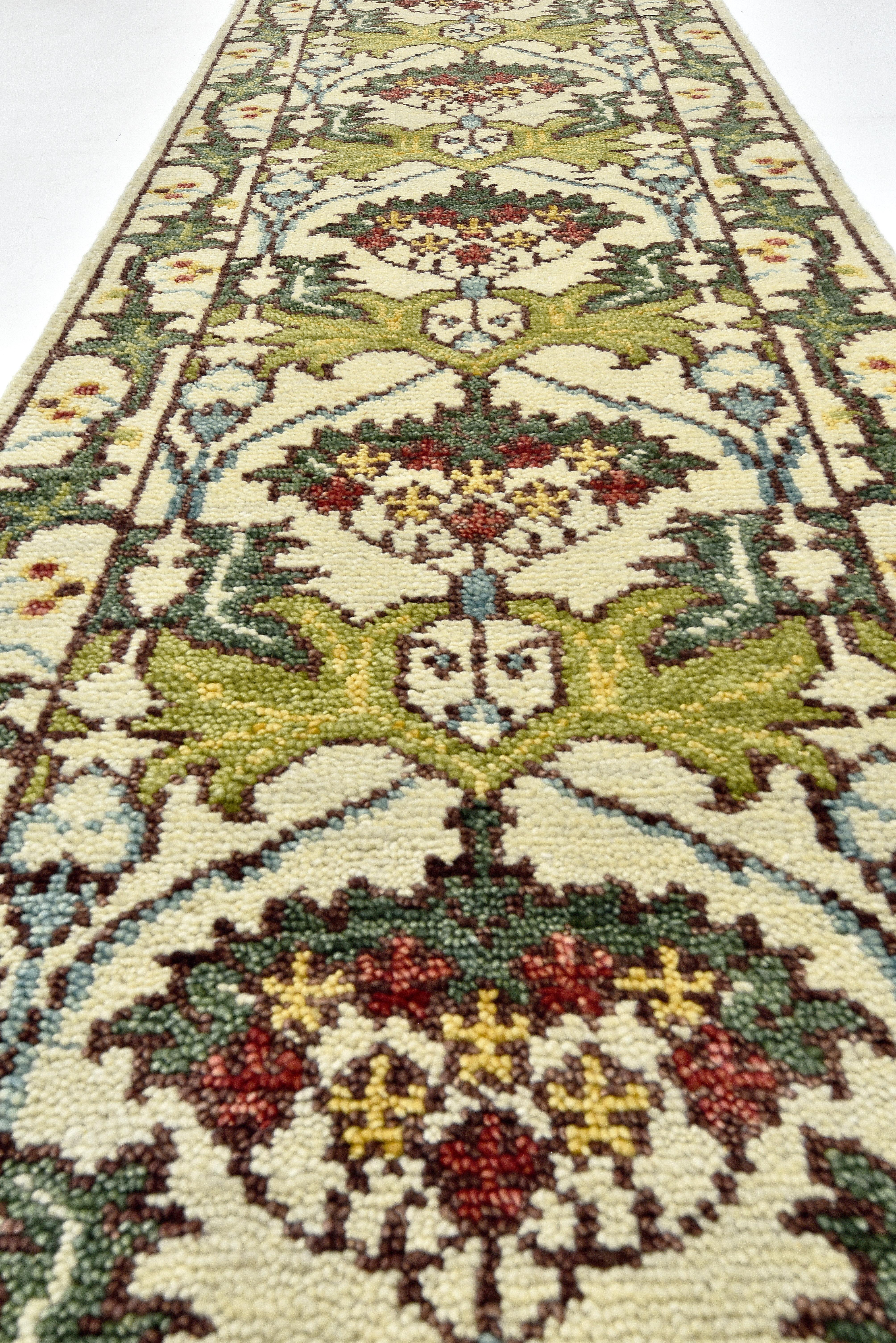 Hand-Knotted Ivory William Morris Inspired Runner For Sale