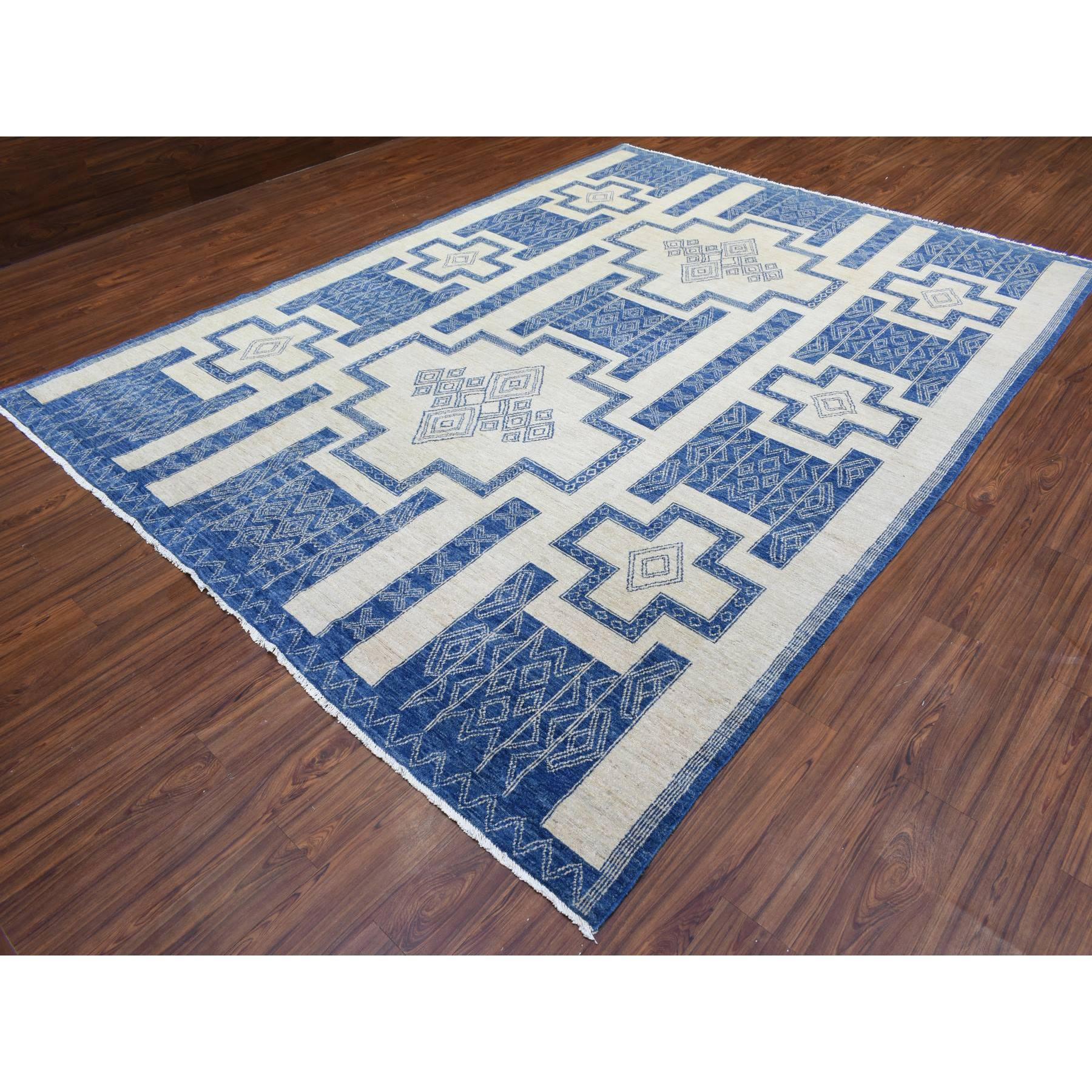 Elfenbein mit Blau Hand geknüpft Fein Peshawar weiche Wolle Orientteppich 8'10