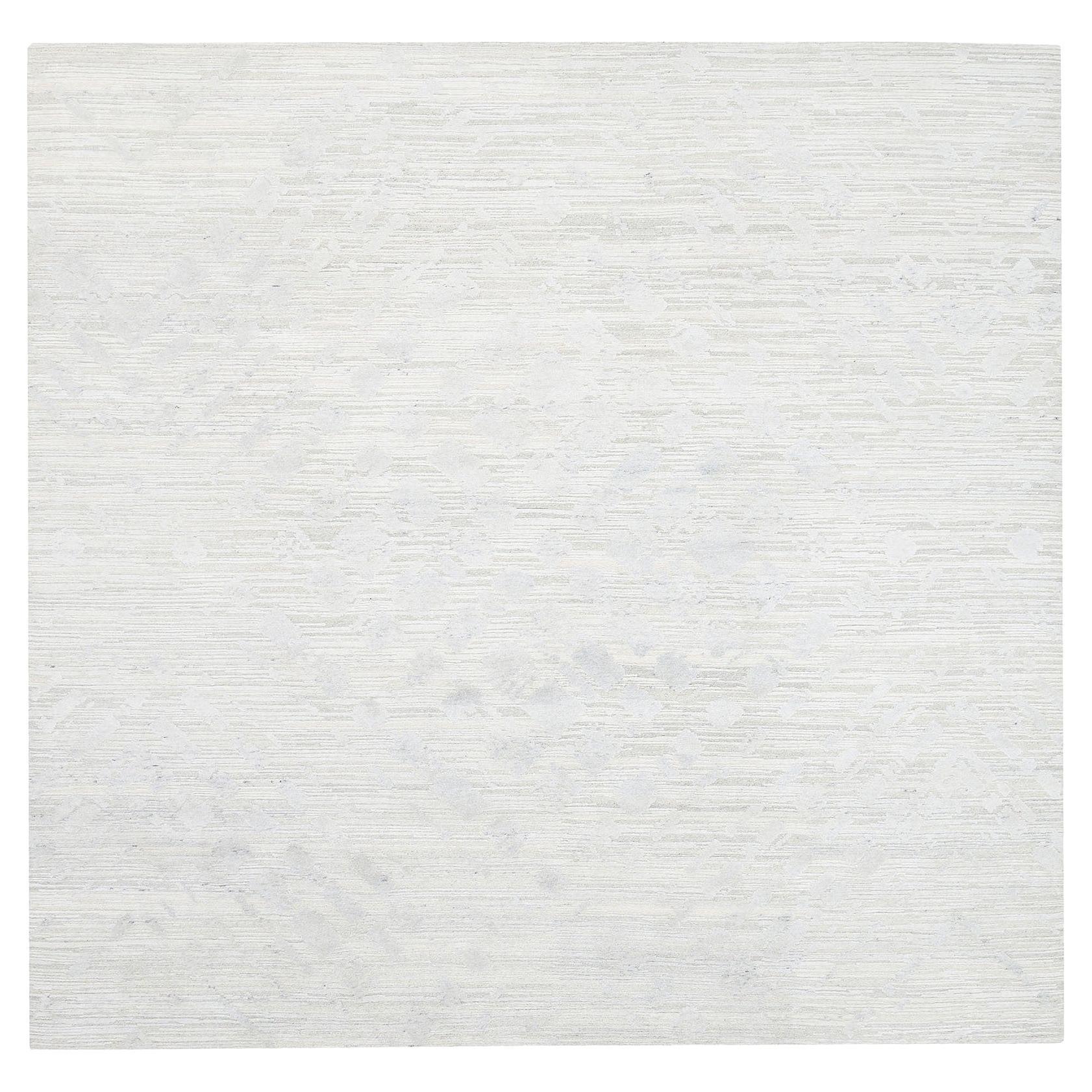 Ivory with Gray Hand Knotted Modern Design Undyed Pure Wool Square Rug 10' x 10'